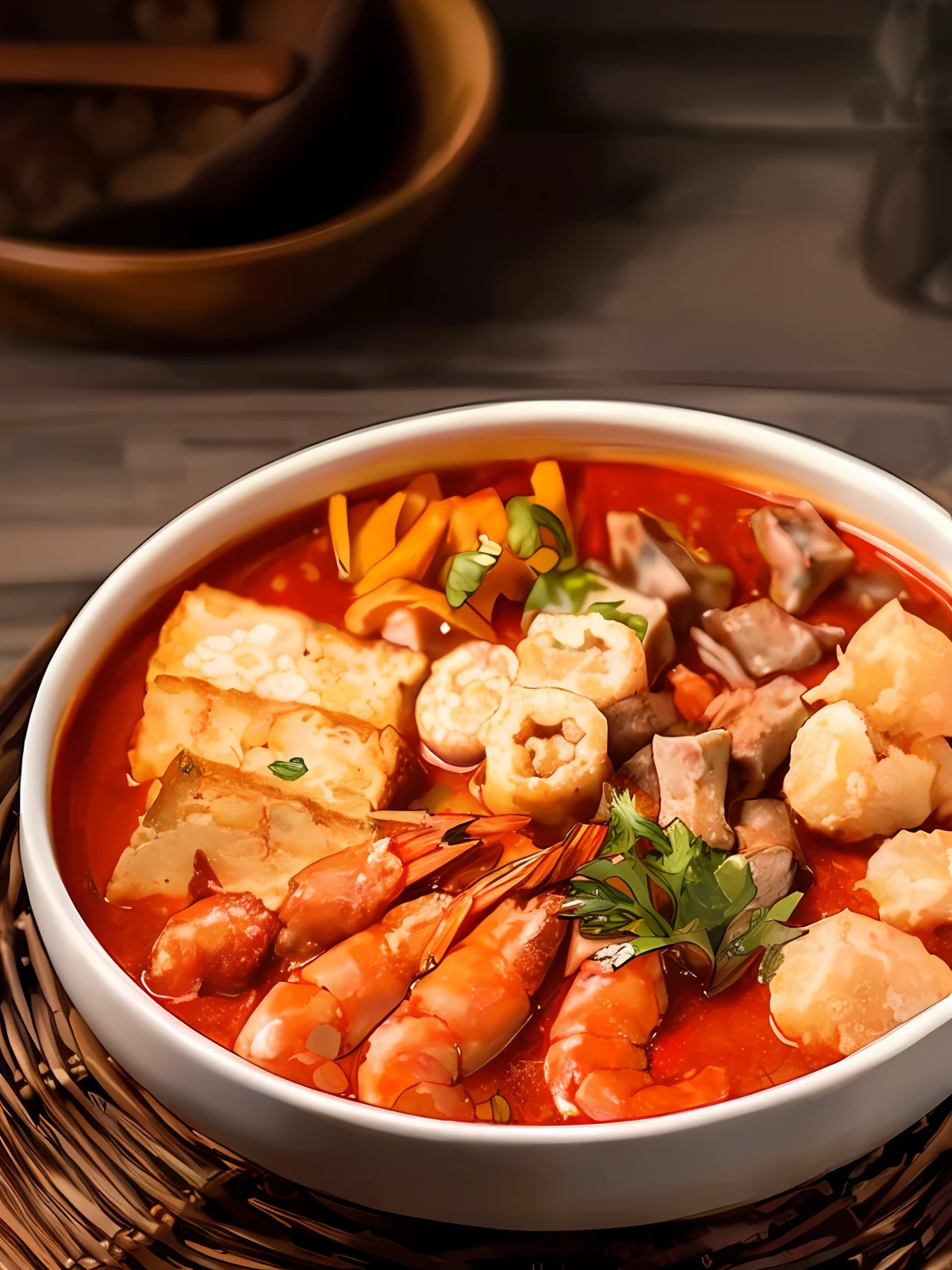 A bowl of spicy mix, with shrimp, tofu cubes, coriander, fish balls, tofu puffs, beef cubes