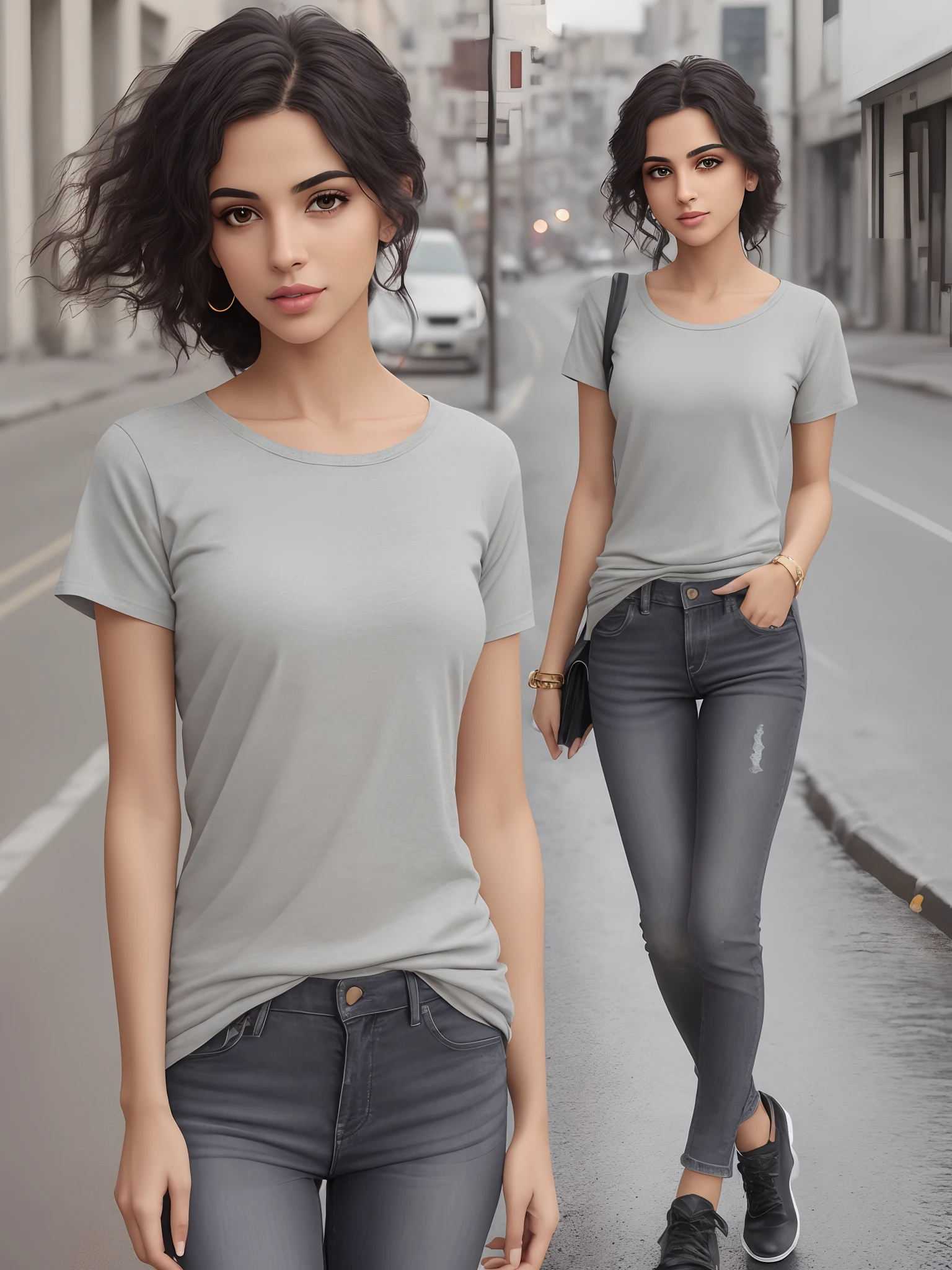 alluring stunning gorgeous posing european homeless sexy Arabian Ladies, skinny dark  blue jeans with rounded nack lose baggy grey tee-shirt, regular fit black crew neck Tee-shirt, white plain Tee-shirt, intricate environment, very detailed background, wide busy road, building's, shop's rainy weather, cloud's, intricate texture of skin,night,late evening, cute face, sexual intention, toned legs, long length tee-shirt, short sleeves basic, grey tee-shirt long length, middle eastern 28 years old fashion girl, wavy hairstyle, very detailed eye's, very detailed nose and lips, detailed hands and fingers, perfact firm and toned body, perfact legs and hips, medium breasts, bouncy breasts, long heel's, beautiful deatiled feet's walking style middle eastern beautiful girl, carrying leather hand bags, wearing gold bracelet, golden watch, wet road, after rain atmosphere, car's headlights on, UHD, 4k, Cinematic.