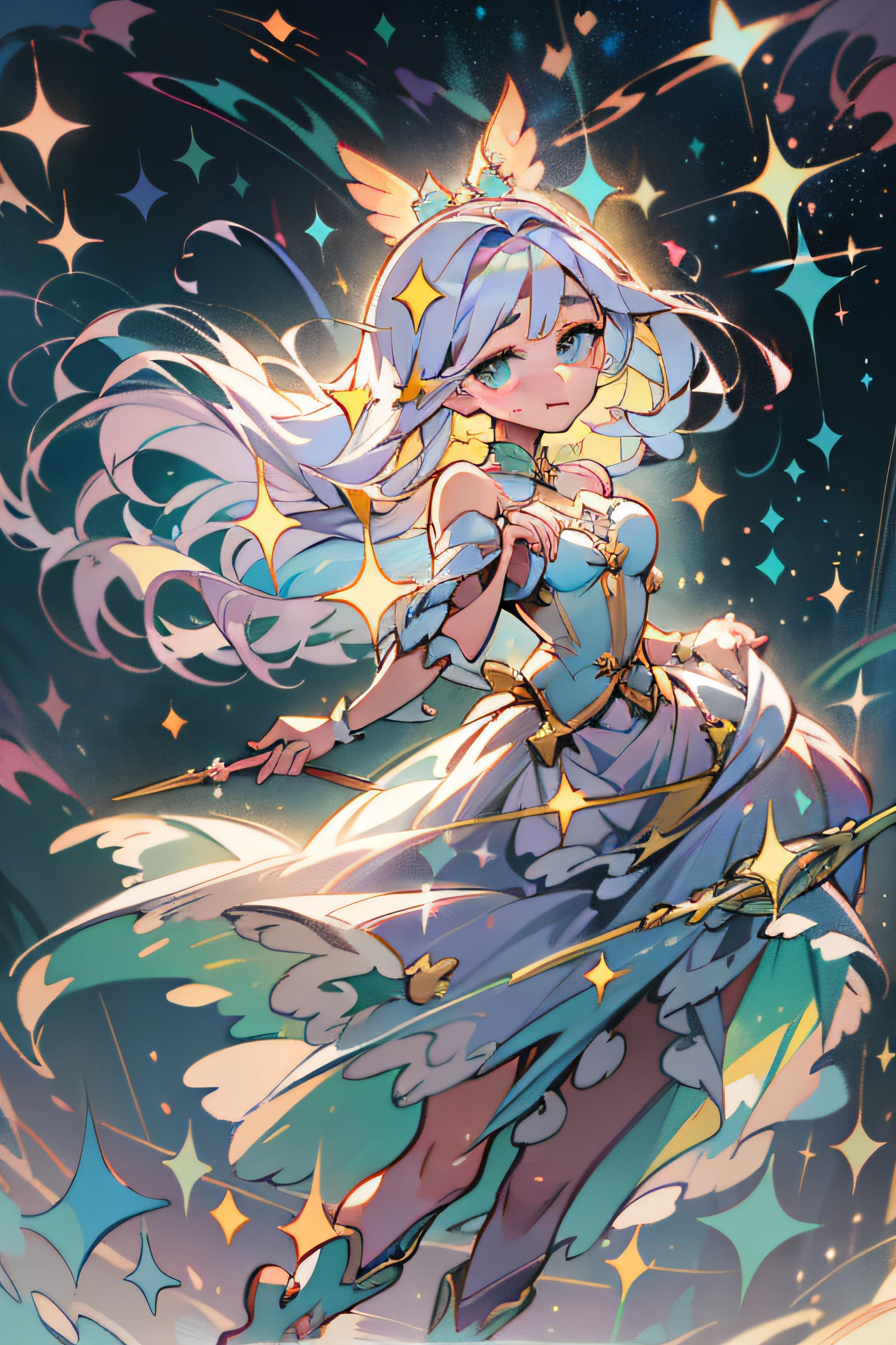 ((magical  girl)), ((Gorgeous starry sky background)), ((Ultra-detailed)), ((Best Illustration)), ((Cinematic lighting)), Dynamic Angle, Floating, finely detailed, (glitters:1.35), (Sparkle:1.2), (Shine:1.2), classic, (Painting:1.1), (Sketch:1.1), (Best quality), (Masterpiece:1.2), (Anime style), (Solo), Beautiful detailed face, (Cute face:1.3), (Big eyes:1.3), Colorful hair, (Long hair:1.2), (Floating hair:1.2), (magical girl outfit), detailed outfits, (Sparkling wand:1.3), (Magical effect:1.3), (Flowing skirt:1.2), (Cute boots:1.1), (Transparent fabric:1.1), (Twinkle:1.2), (Glow:1.2), (Radiance:1.2), (Flicker:1.2), (Dazzle:1.2)