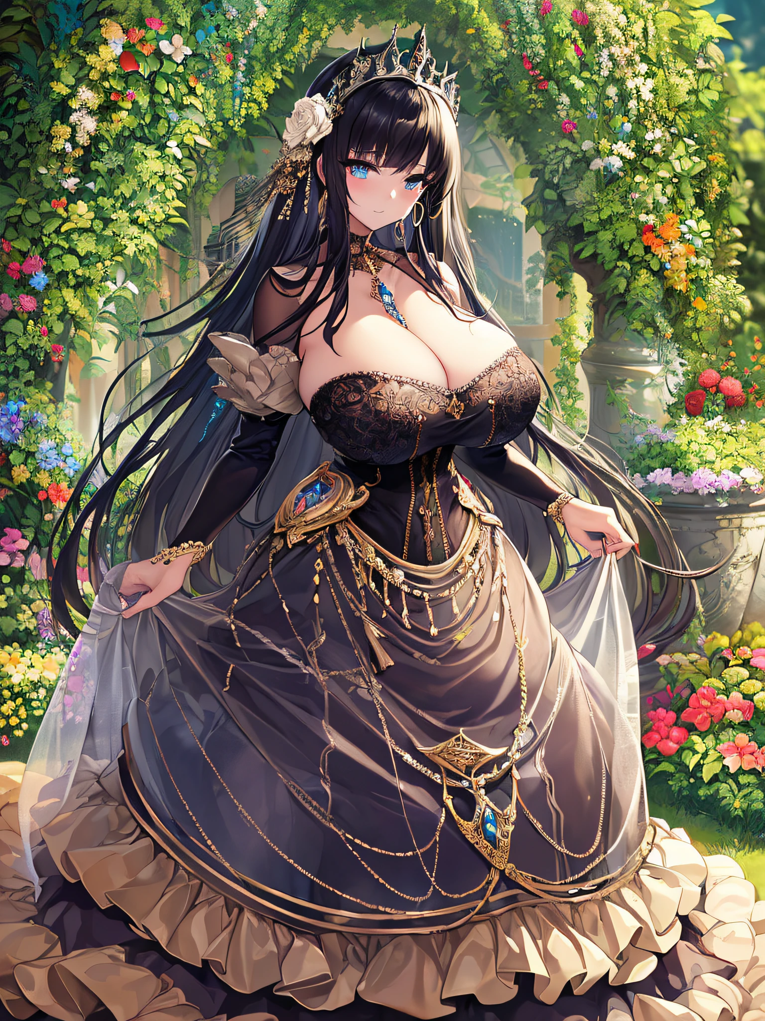 ((anime artstyle)),(Masterpiece),(Best Quality), (Super Detail),((Very Delicate and Beautiful)),(((Solo))),((full body)),(((1 girl in beautiful embroidery and jeweled gorgeous gothic dress with voluminous full length hoop skirt))),Long train,crinoline,(gorgeous gemstone jewelry),detailed face and eyes,jewel-like eyes,((extremely voluminous Very Long Hair,Straight Hair)),((gigantic tits,Long tits)),(gorgeousfull embroidery and lace),gorgeous corsage,See-through,extremely gorgeousfull hair ornament,bling-bling extremely gorgeousfull jeweled tiara,ornate ruffles,((Dynamic Angle)),Looking at viewer,outdoor,((beautiful detailed garden)),beautiful blooming flowers,((full body)),((beautiful embroidery and jeweled extremely gorgeous gothic dress with voluminous full length hoop skirt))
