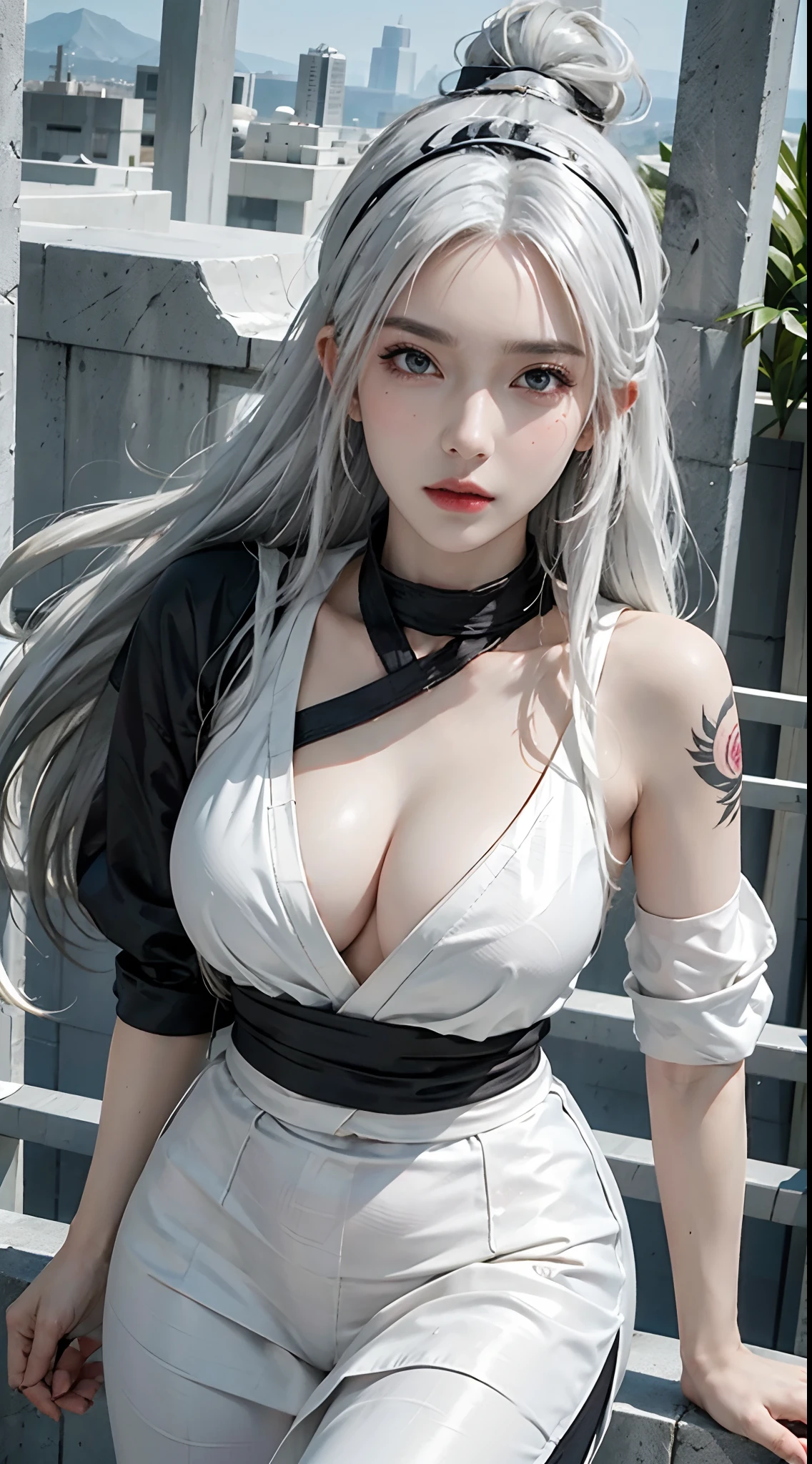 photorealistic, high resolution, 1women, solo, hips up, look at viewer, (detailed face), white hair, ninja, naruto style, fishnet, headband, tattoo, jewelry