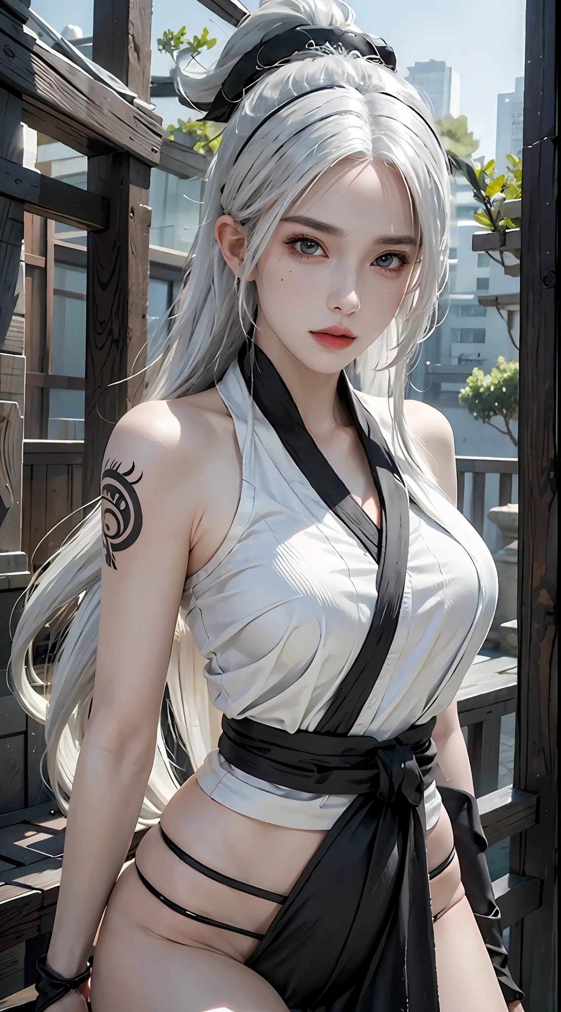 photorealistic, high resolution, 1women, solo, hips up, look at viewer, (detailed face), white hair, ninja, naruto style, fishnet, headband, tattoo, jewelry