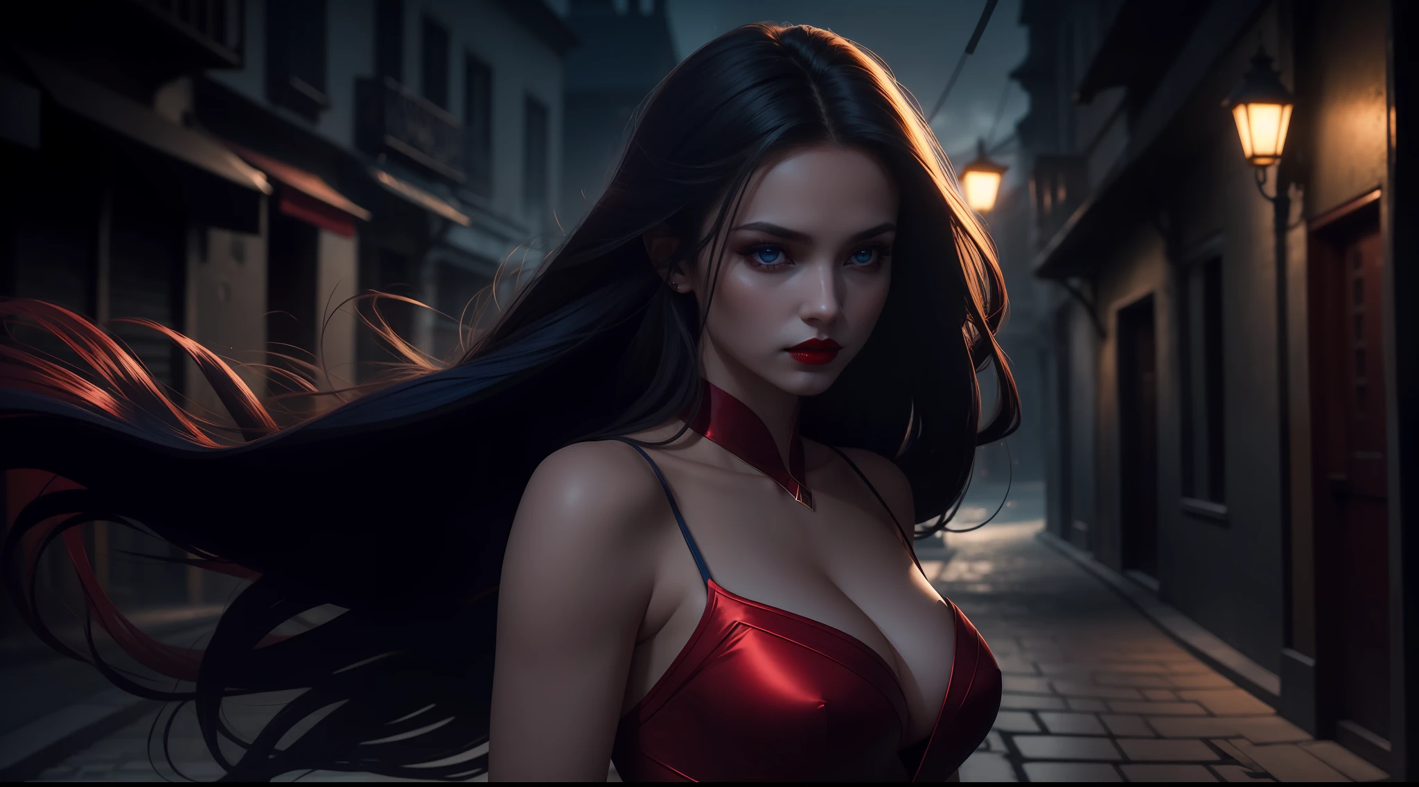 mulher sensual, Half-body plane without cutting the arms, Pose sexy, red lips with vampire vibrations long hair, She is alone in a dark street blue hour with very feminine background warrior light cinematic clothes bokeh realistic and detailed background dark lighting 16k