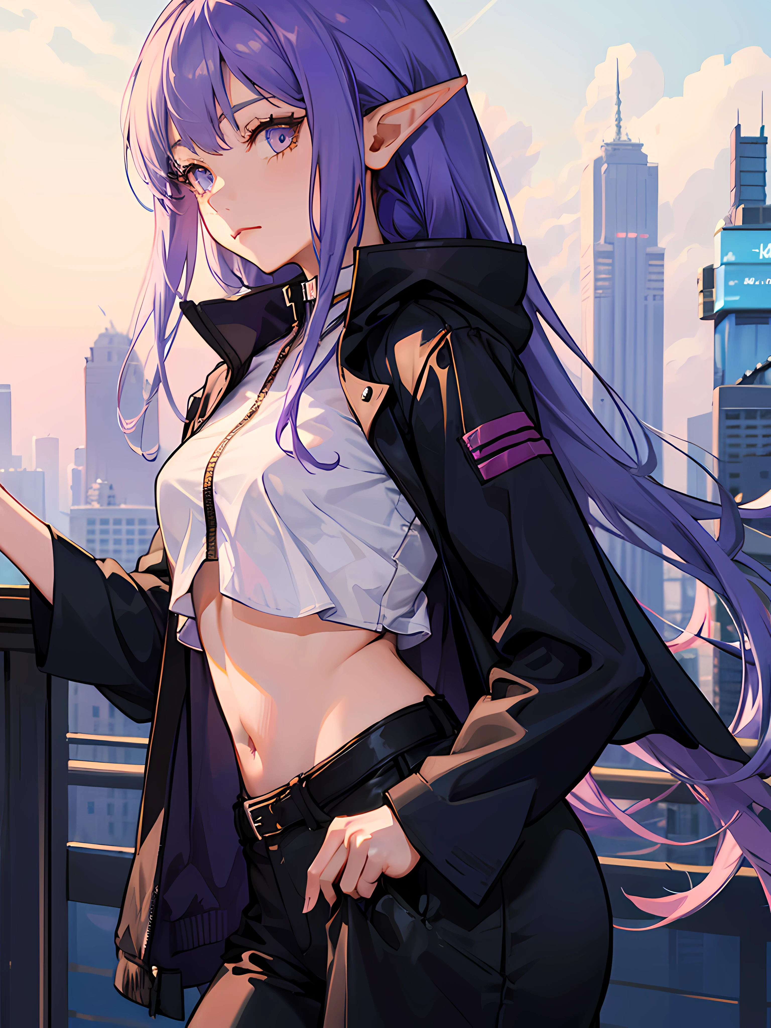 masterpiece, best quality, ultra detailed, 1girl, an elf girl in a modern world, purple hair, pointy ears, modern city, jacket, pants, crop top, close-up,