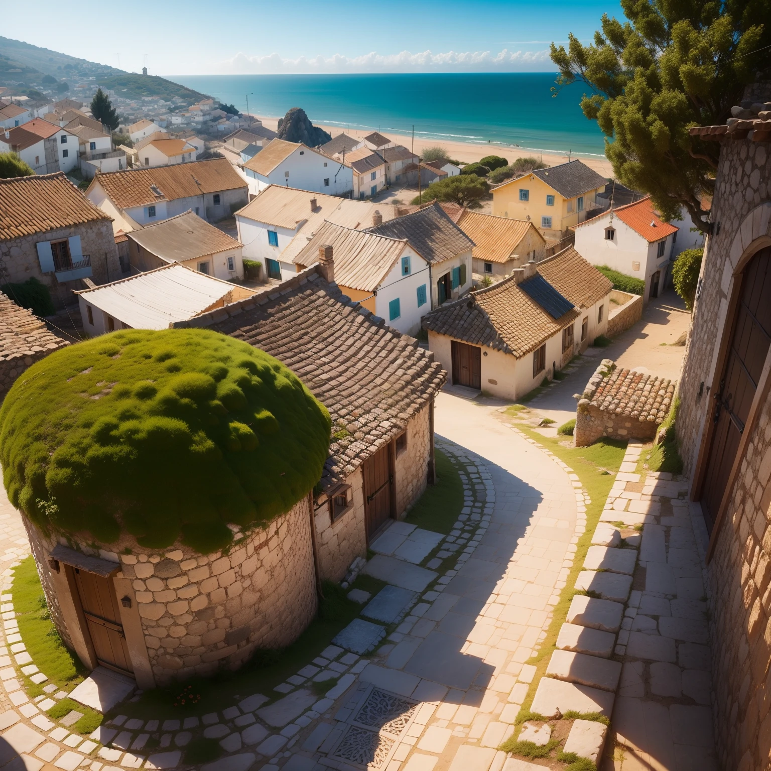 A rustic town with circular houses of rough stones and a little moss on its stones. Telhados de telha de barro.