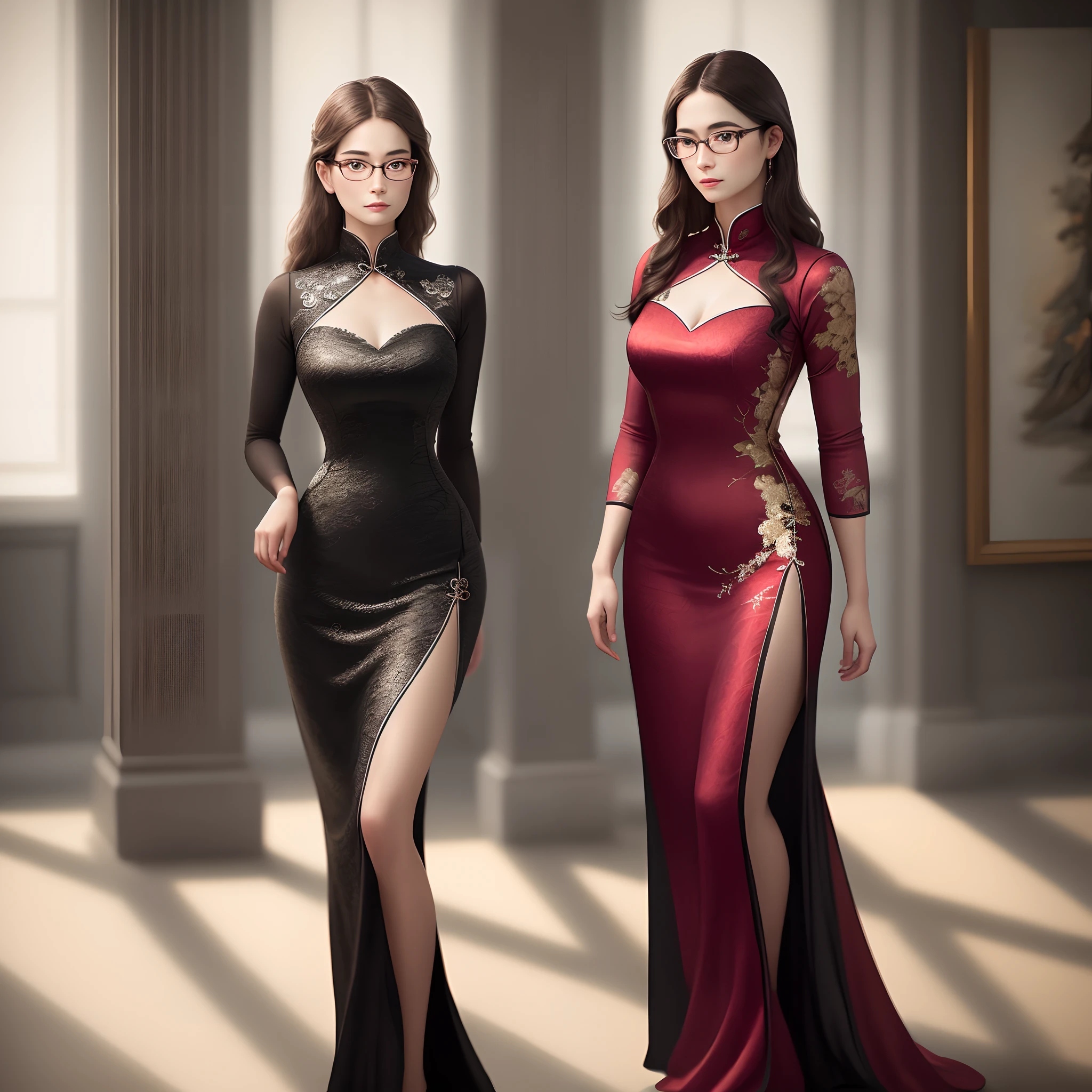 full-body photo of a (elegant) lady standing in the lobby, long china dress, glasses,
(masterpiece, best quality:1.2), absurdres, perfect artwork, trending on artstation, highly detailed, delicate, (realistic, photo-realistic:1.37), portrait, light on face, detailed face,
facing viewer, from font, looking at viewer