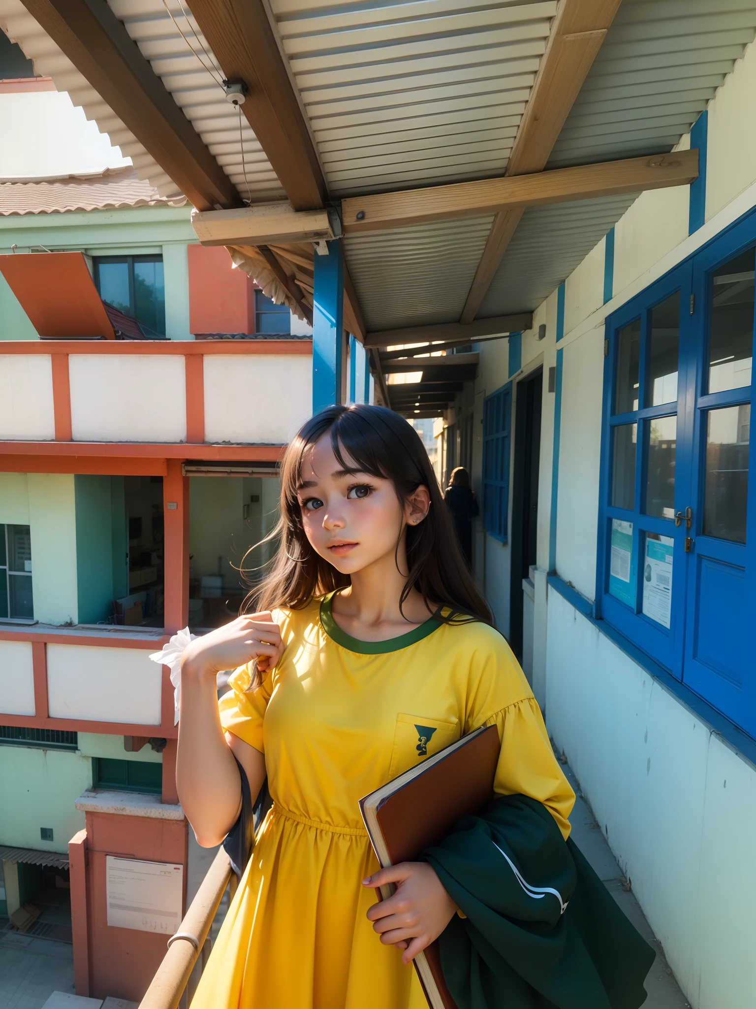 A cute girl standing on a balcony wearing a yellow school dress with a book in her arms, cute, evening sun shining on her, lookalike, look alike, realistic