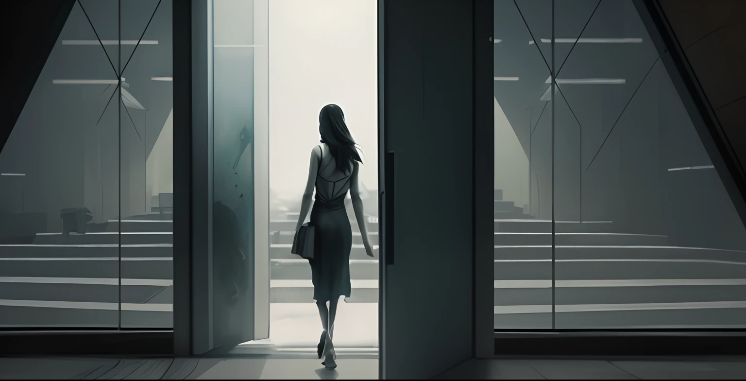 There's a woman coming out of a building through a glass door, arte conceitual emocional, keyframe illustration, dramatic concept art, quadro-chave, cinematic keyframe, cinematic matte illustration, epic cinematic concept art, eerie nostalgic concept art, cinematic concept art, dramatic lighting. arte conceitual, conceito inicial, Arte conceitual escura de alto contraste, Estilo de Raphael Lacoste