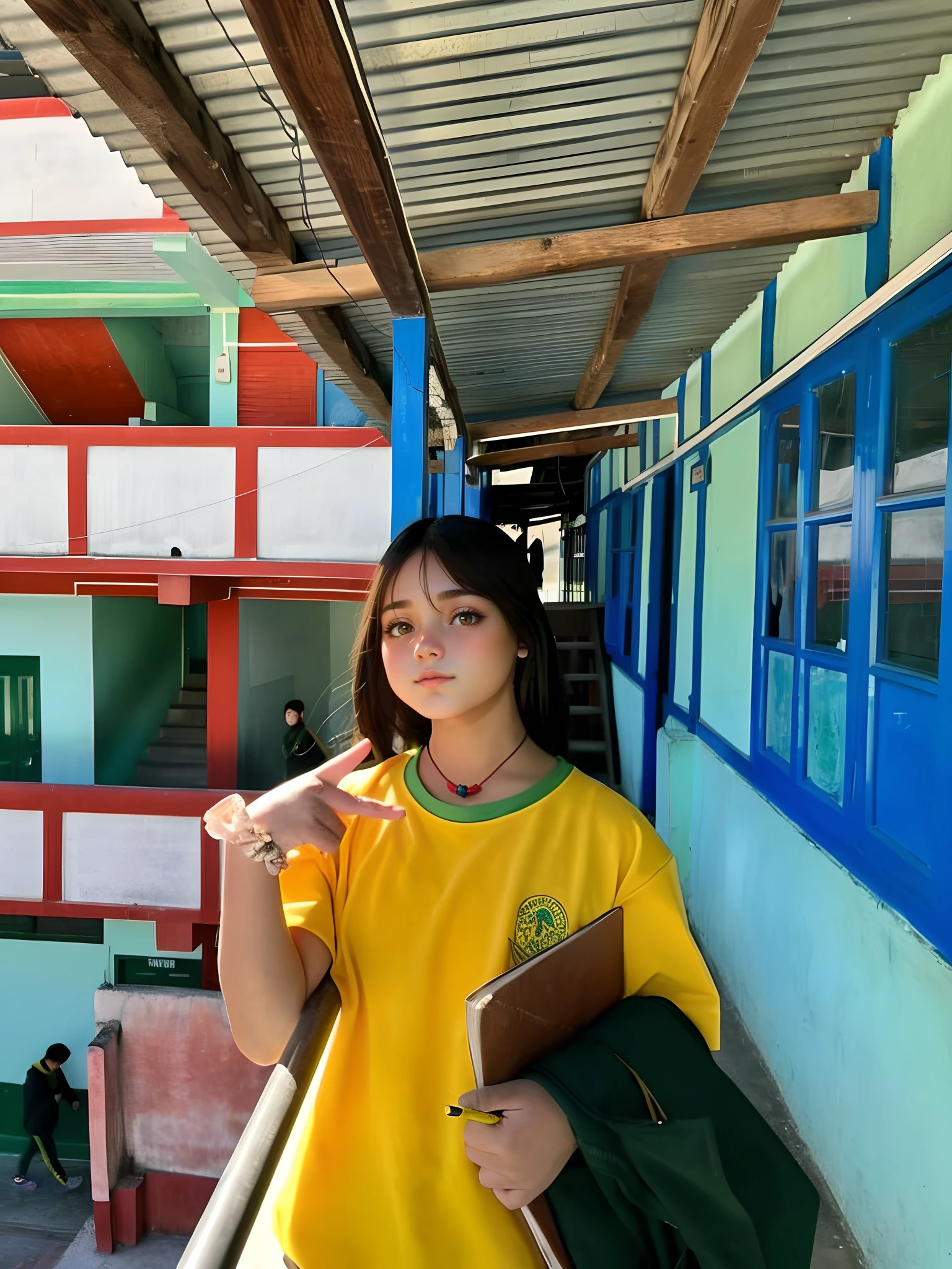 A cute girl standing on a balcony wearing a yellow school dress with a book in her arms, cute, evening sun shining on her, lookalike, look alike, realistic, posing peace ✌️