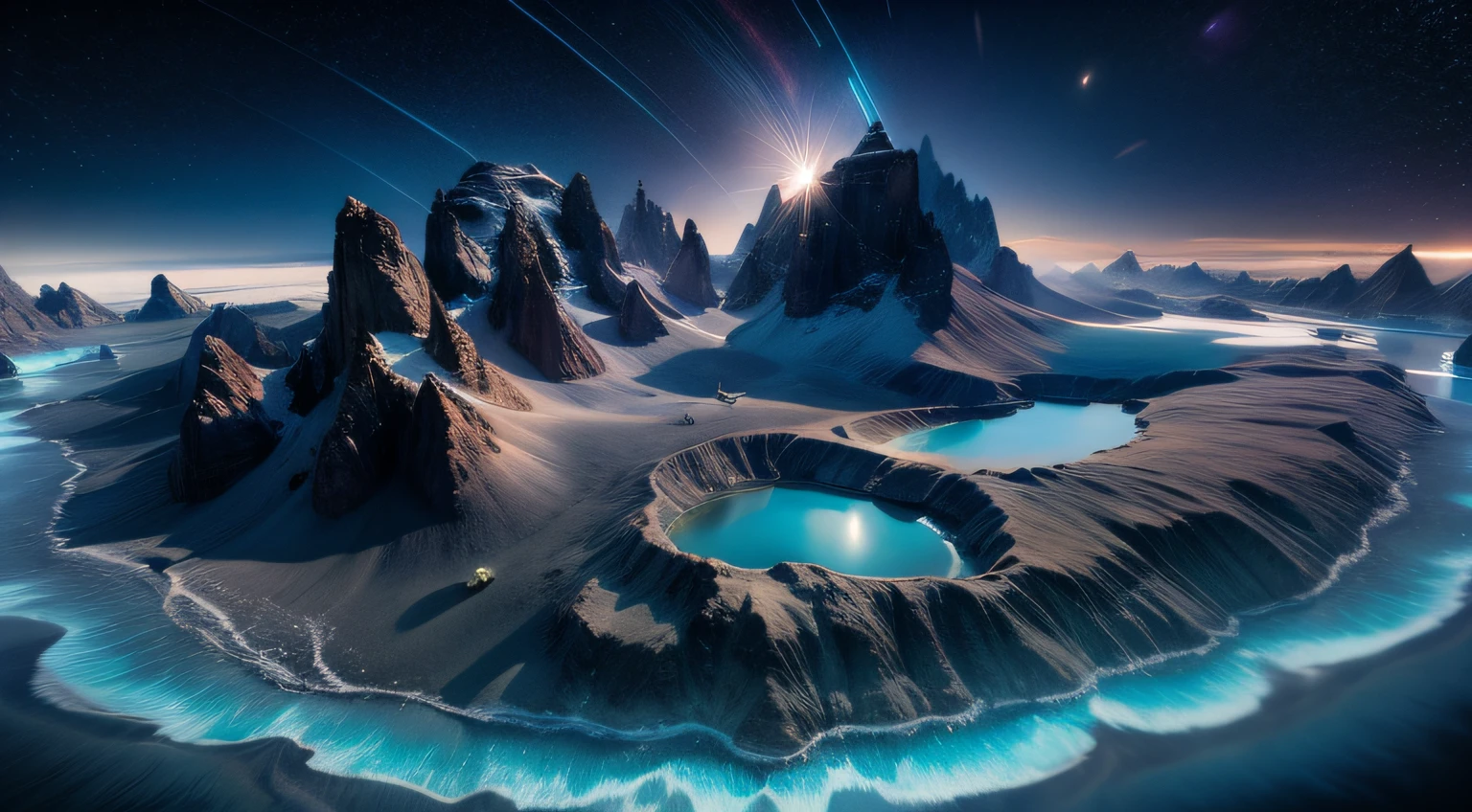 Generate fascinating planetary night vision images that capture your imagination。Estrelas distantes々Iluminado pelo brilho suave e luz misteriosa da lua sobrenatural、Pintando paisagens de outro mundo。Under the enchanting night sky、Indicate the unique features of each planet's surface – from the shimmering ice fields of the icy world、Montanhas escarpadas em um planeta azul distante々々E o vasto oceano。Immerse yourself in the ethereal beauty of the planetary night, very realistic, fotografia, Super Detalhe, Detalhes altos, alta qualidade, em 8K