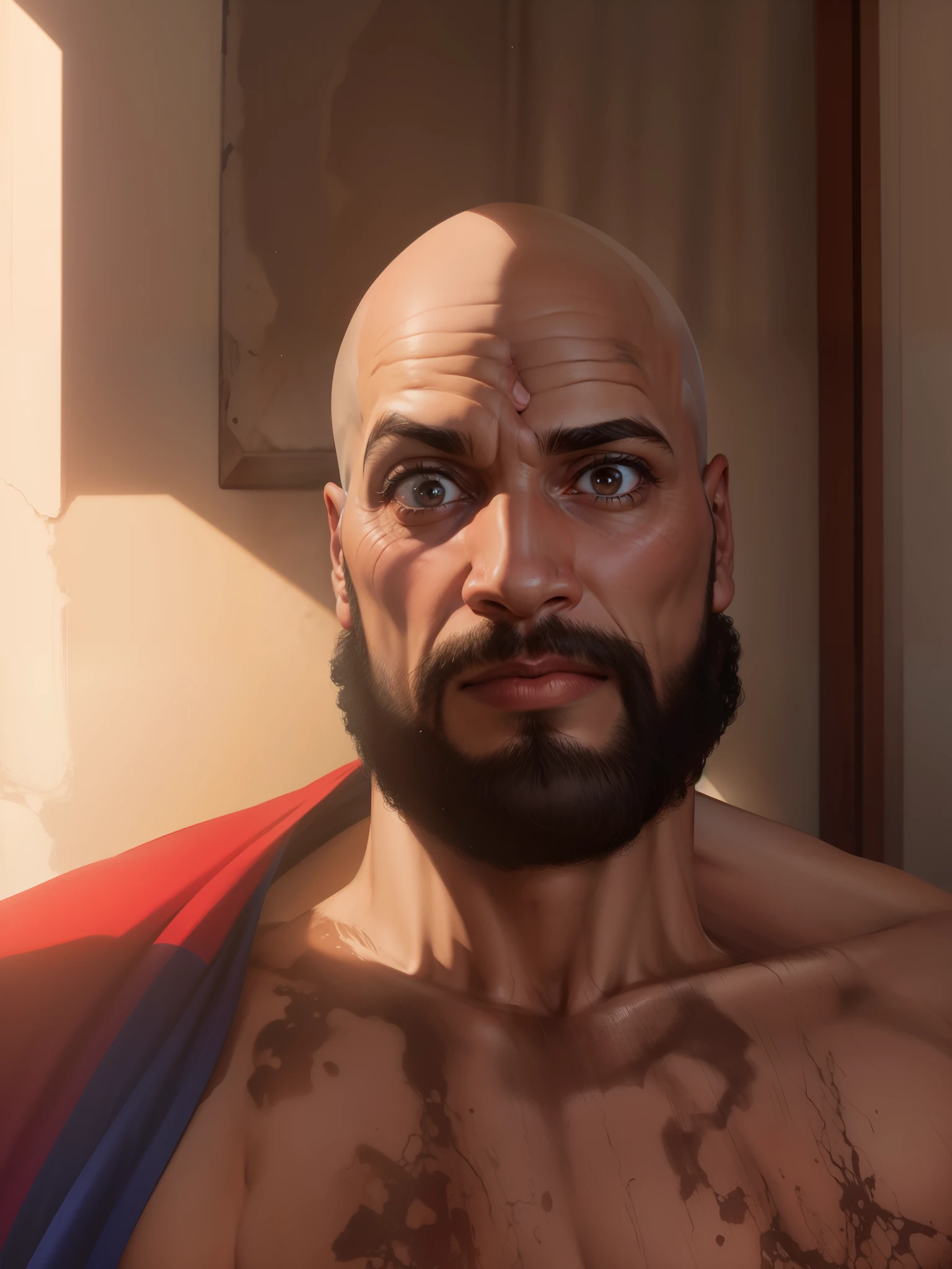 Um homem careca com barca grande l,e vermelho