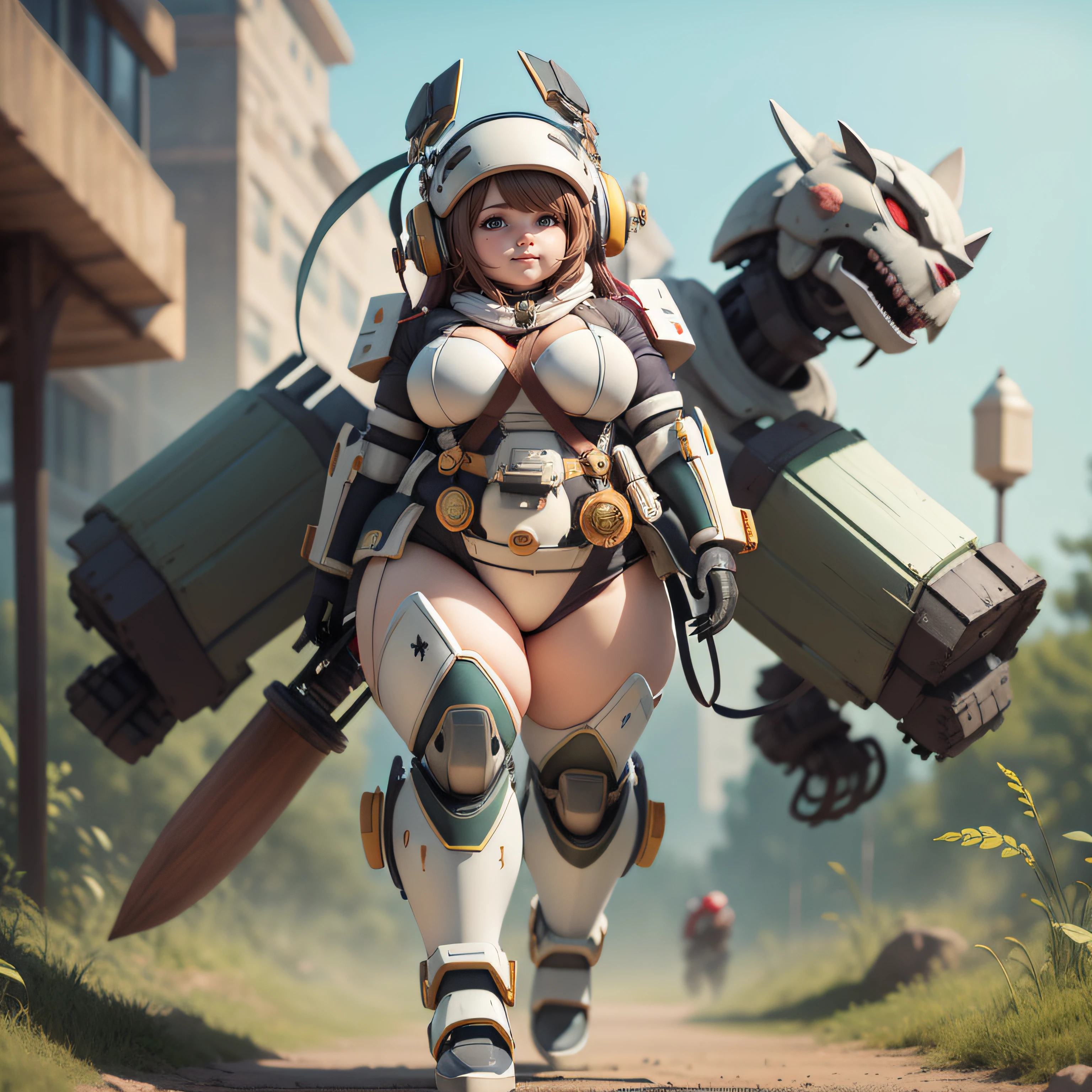 A chubby girl,Full body mecha,Wear a helmet on your head,Bring food,Carry cannons,delicated,the detail,k hd,high high quality,Run,Hold pets,full body concept,ssmile