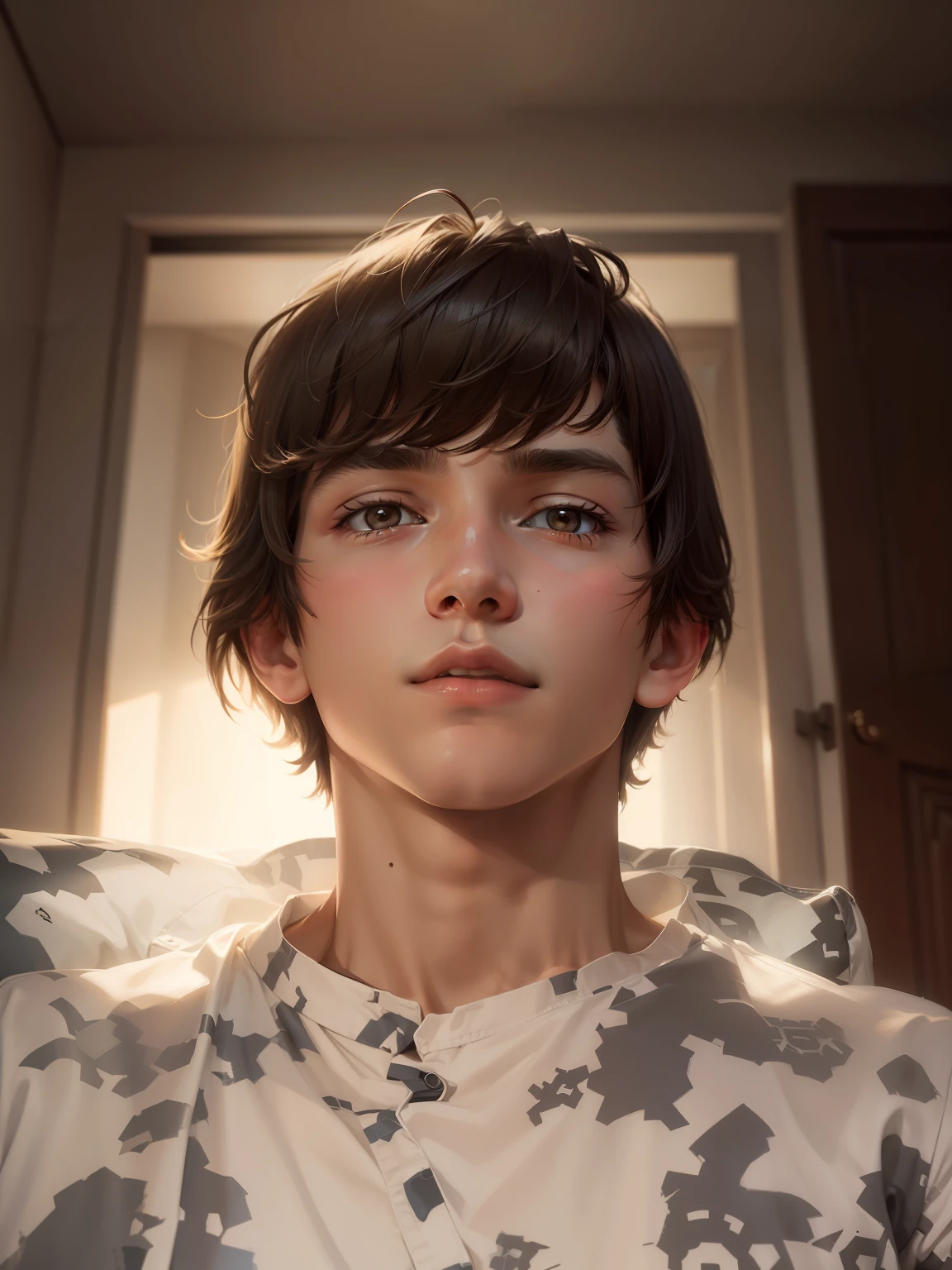 age AI modern boy with white shirt and with like Patric Bateman’s long back haircut