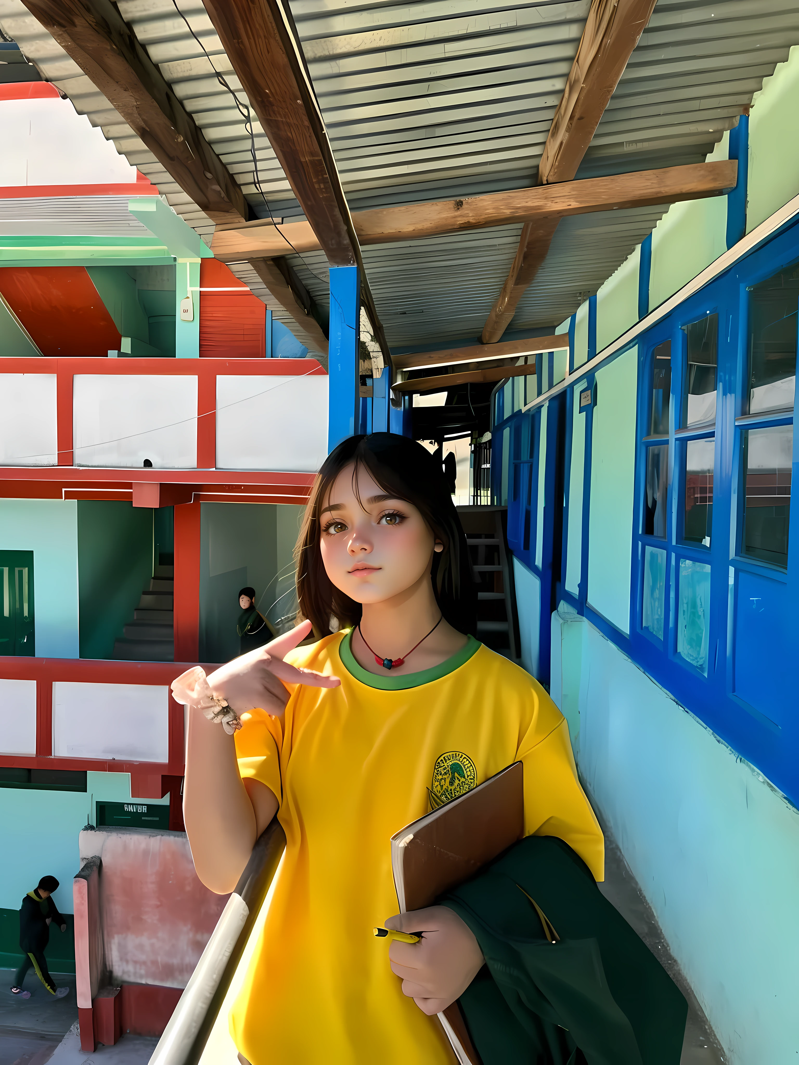 A cute girl standing on a balcony wearing a yellow school dress with a book in her arms, cute, evening sun shining on her, lookalike, look alike, realistic, posing peace ✌️