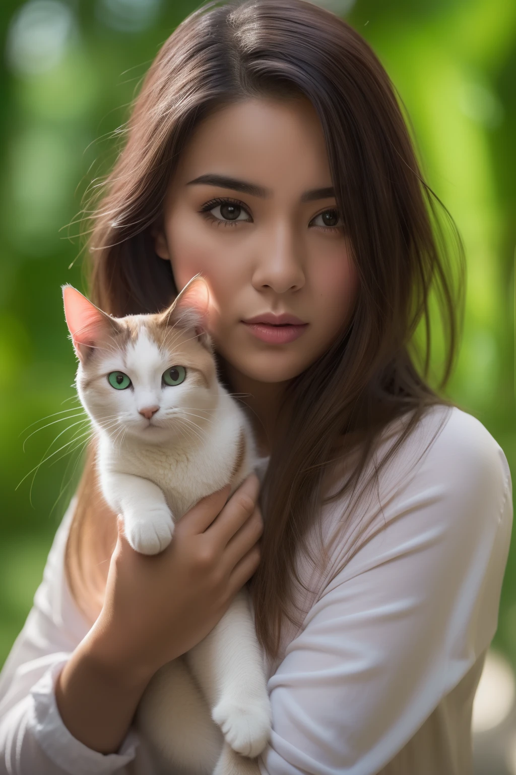 Joven japonesa con vestido blanco sosteniendo un gato en sus brazos, Mujer y gato, Mujer / cat hybrid, Hermosa joven catgirl, Atractiva chica gato, She is holding a cat in her arms, Foto de una mujer hermosa, Mujer atractiva, Mujer con orejas de gato, Atractiva hembra, Mujer preciosa, chica atractiva, hermosa joven, Mujer preciosa, Kinematic, Color Grading, Profundidad de campo, hiper detallado, Fotorrealismo, beautiful color coding, Detalles locos, editorial photograph, fotorrealista, UHD, Disco duroR, Disco duro, natural lighting, Canon EOS R3, F1.4, ISO 200, 1160s, 32K, ..RAW, Pro Photo RGB, ultrarrealista, Angle low, Canon 5d, DSLR, Retrato de 50 mm, DOF , Renderizado de rayos V, 8k, Trazado de rayos, Bokeh, Destello de lente, alta calidad, 400 MP, Megapixels, Super resolution, Photoshop, Pinterest, Instagram Influencer, Kinematic, Color Grading, Profundidad de campo, hiper detallado, Fotorrealismo ,