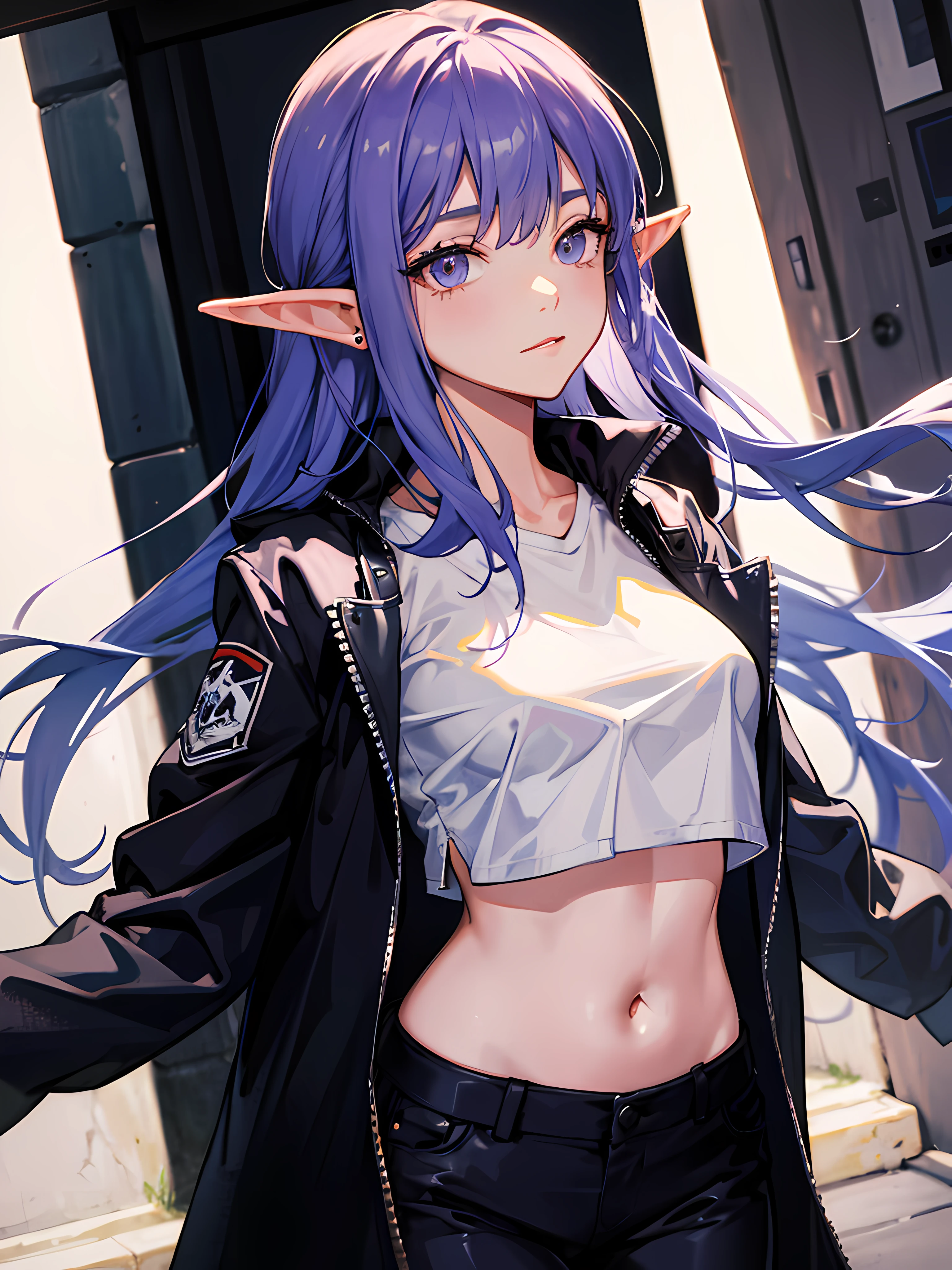 Masterpiece, Best quality, Ultra detailed, 1girll, Elf girl in the modern world, Purple hair, Pointy ears, Modern City, Jacket, Pants, Crop top, Close-up,