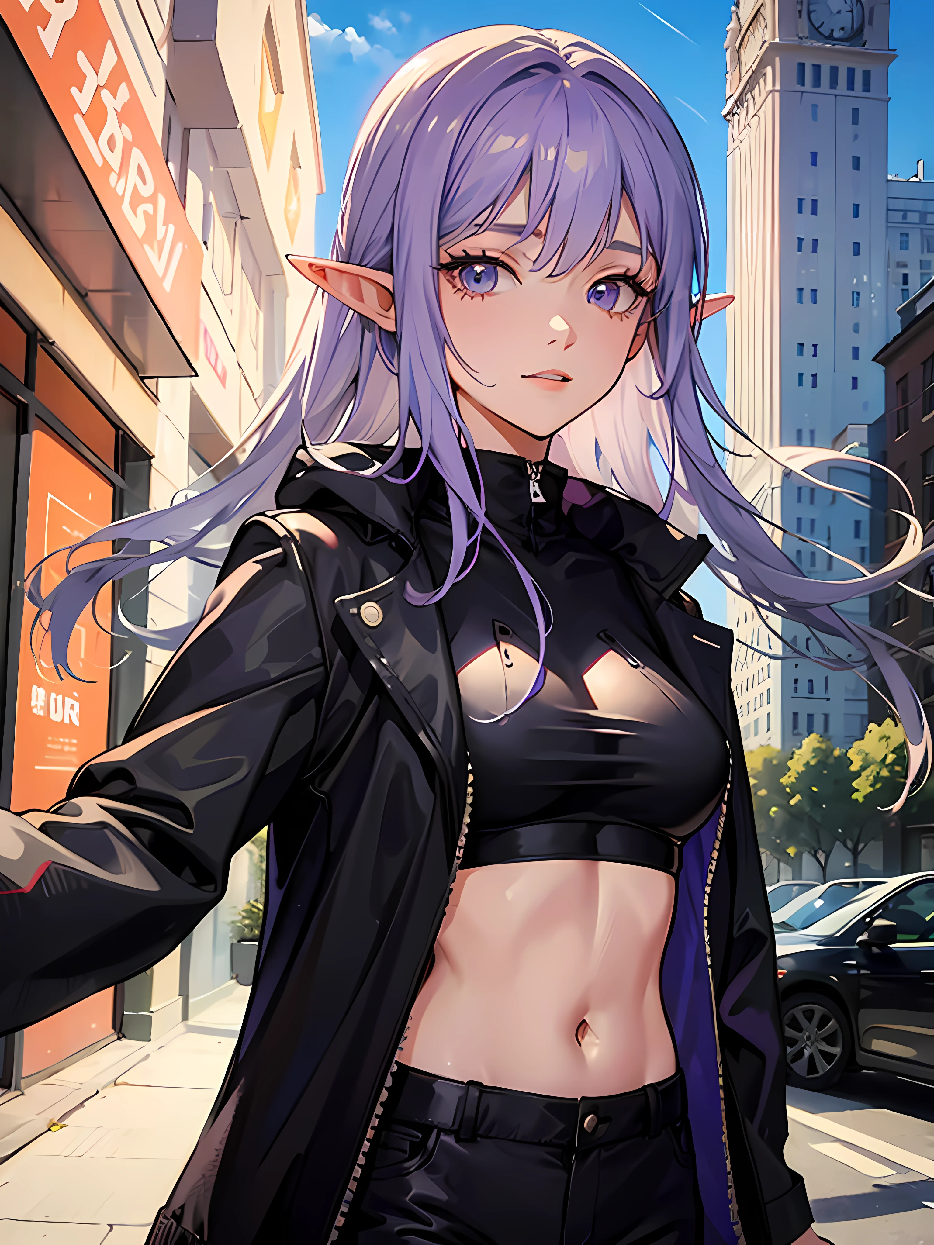Masterpiece, Best quality, Ultra detailed, 1girll, Elf girl in the modern world, Purple hair, Pointy ears, Modern City, Jacket, Pants, Crop top, Close-up,
