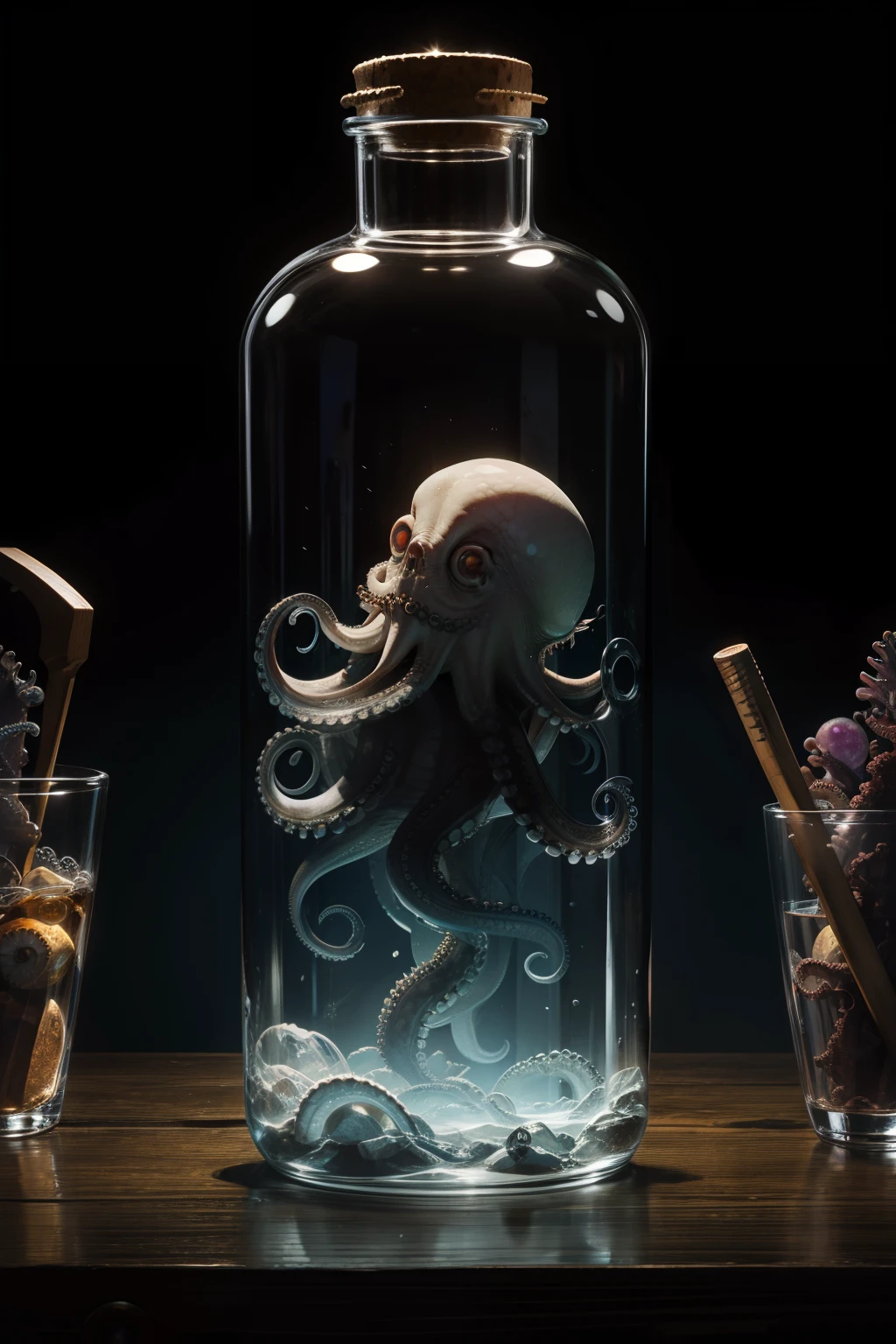 A clear glass bottle，Inside is a terrifying octopus monster，The monster wants to break free，tmasterpiece