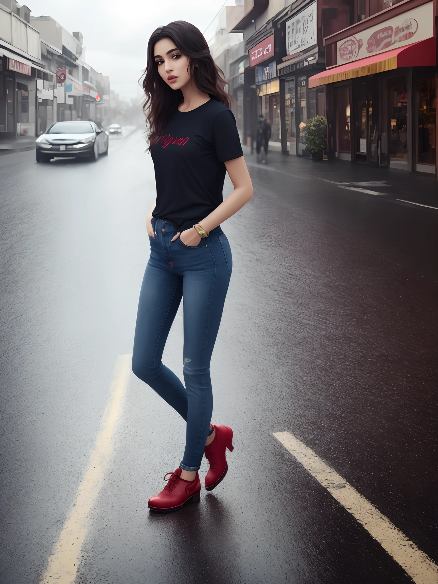 alluring stunning gorgeous posing sexy Arabian Ladies, skinny dark blue jeans with rounded nack lose baggy red tee-shirt, regular fit black crew neck Tee-shirt, red plain Tee-shirt, intricate environment, very detailed background, wide busy road, building's, shop's rainy weather, cloud's, intricate texture of skin,night,late evening, cute face, sexual intention, perfact firmed legs, long length tee-shirt, short sleeves basic, blue tee-shirt long length, middle eastern 26 years old fashion girl, wavy hairstyle, very detailed eye's, very detailed nose and lips, detailed hands and fingers, perfact firm and toned body, perfact shaped legs, medium breasts, bouncy breasts, long heel's, beautiful very deatiled feet's, standing open legs posing, middle eastern beautiful girl, carrying leather hand bags, red earing, bangle's, gold bracelet, silver watch, wet road, after rain atmosphere, car's headlights on, UHD, 4k, Cinematic.