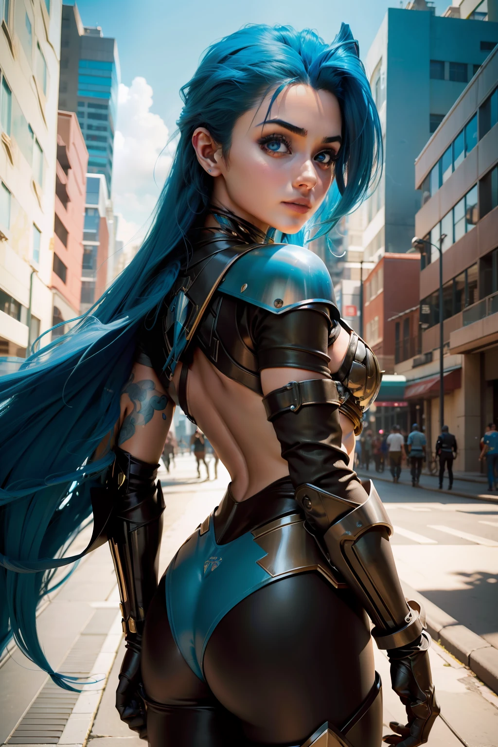 imagem do Besouro Azul, linda garota, a DC Comics comic book and a superhero character. She is a heroine in blue and black armor with shiny metallic details. His armor is inspired by a beetle, with stylized wings on the back and antennae on the head. Your costume has a modern and technological look, with streamlined lines and stylized symbols reminiscent of a beetle. Besouro Azul tem uma postura confiante e determinada. Ele tem uma aura heroica, com olhos brilhantes e expressivos, refletindo sua vontade de proteger o mundo dos perigos. He's in a position of action, como se estivesse prestes a enfrentar um desafio.A paisagem circundante pode ser uma cidade, with skyscrapers in the background, showing that the Blue Beetle is always ready to defend the innocent and fight crime. Add some dynamic elements, como efeitos de luz e sombra, To add more life and depth to the image.