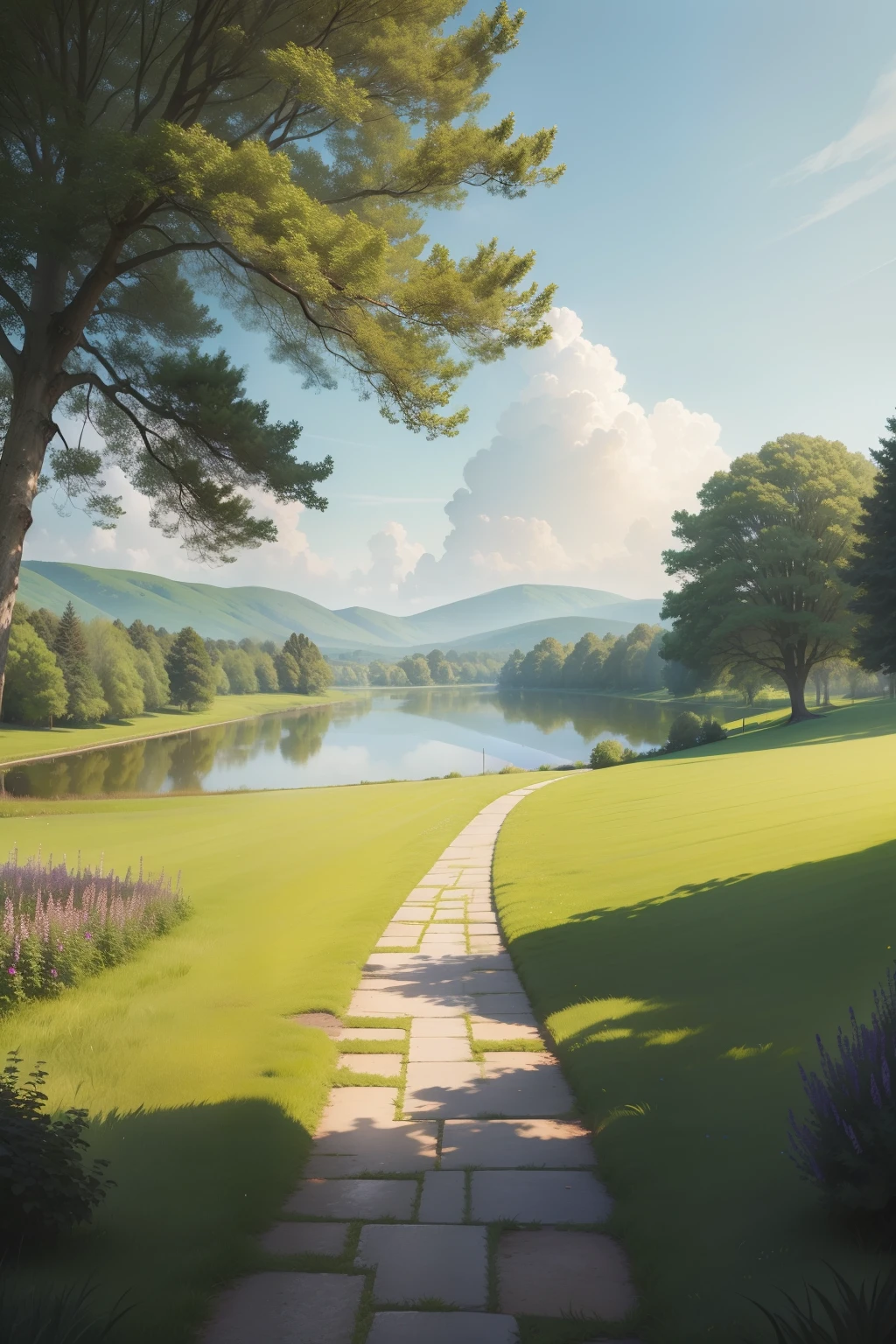 masterpiece, high quality, watercolor, this image shows a beautiful outdoor field with lush green grass and trees. In the background, there is a town visible in the distance. The sky above is bright blue with white clouds scattered throughout. A brick path winds its way through the field, leading to a body of water that reflects the sky above it. On either side of this path are bushes filled with vibrant green leaves and plants growing around them. Further away from the path, there is another tree standing tall next to the body of water. Closer up, one can see wet patches on the ground where rain has recently fallen onto it. This tranquil scene captures nature's beauty in all its glory and provides an idyllic setting for anyone looking for some peace and quiet outdoors