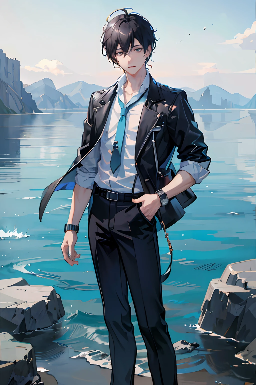 1boy, quiff, black  hair, white  shirt, Cyan eyes, Hair between the eyes, jewelries, sheet, looks at the viewer, male focus, earring in the ear, pants, shirt, jacket, 独奏, watch, black pants wrist watch, messy hair, trending on ArtStation, 8k resolution, higly detailed, anatomically correct, clear image, digitalpainting, ConceptArt, Trending on Pixiv, style of makoto shinkai, Simple background, cinematic world