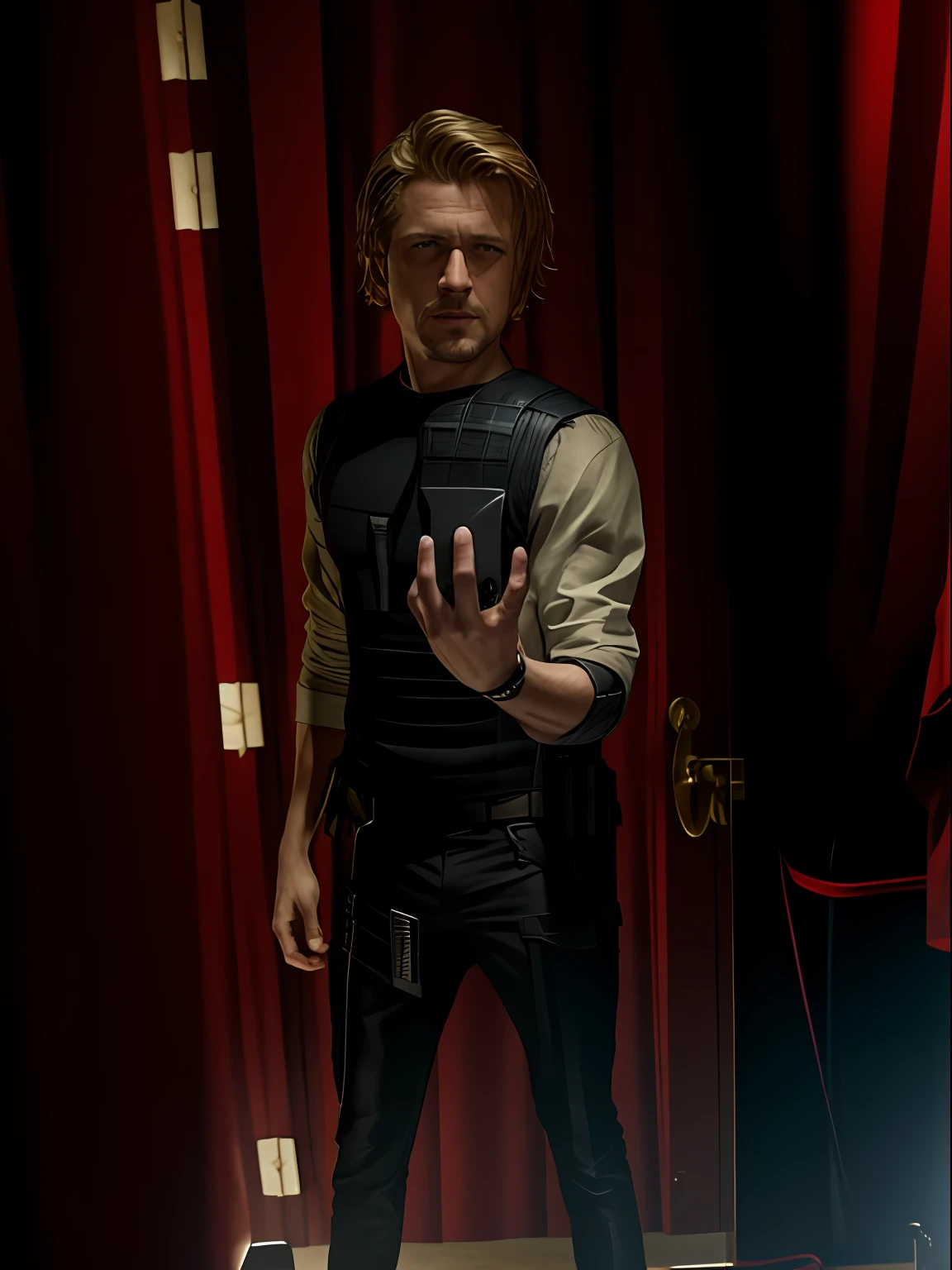 masterpiece, best quality, realistic, photorealistic, half body shot of Hawkeye, marvel cinematic, detailed face, 8k, uhd, sharp focus