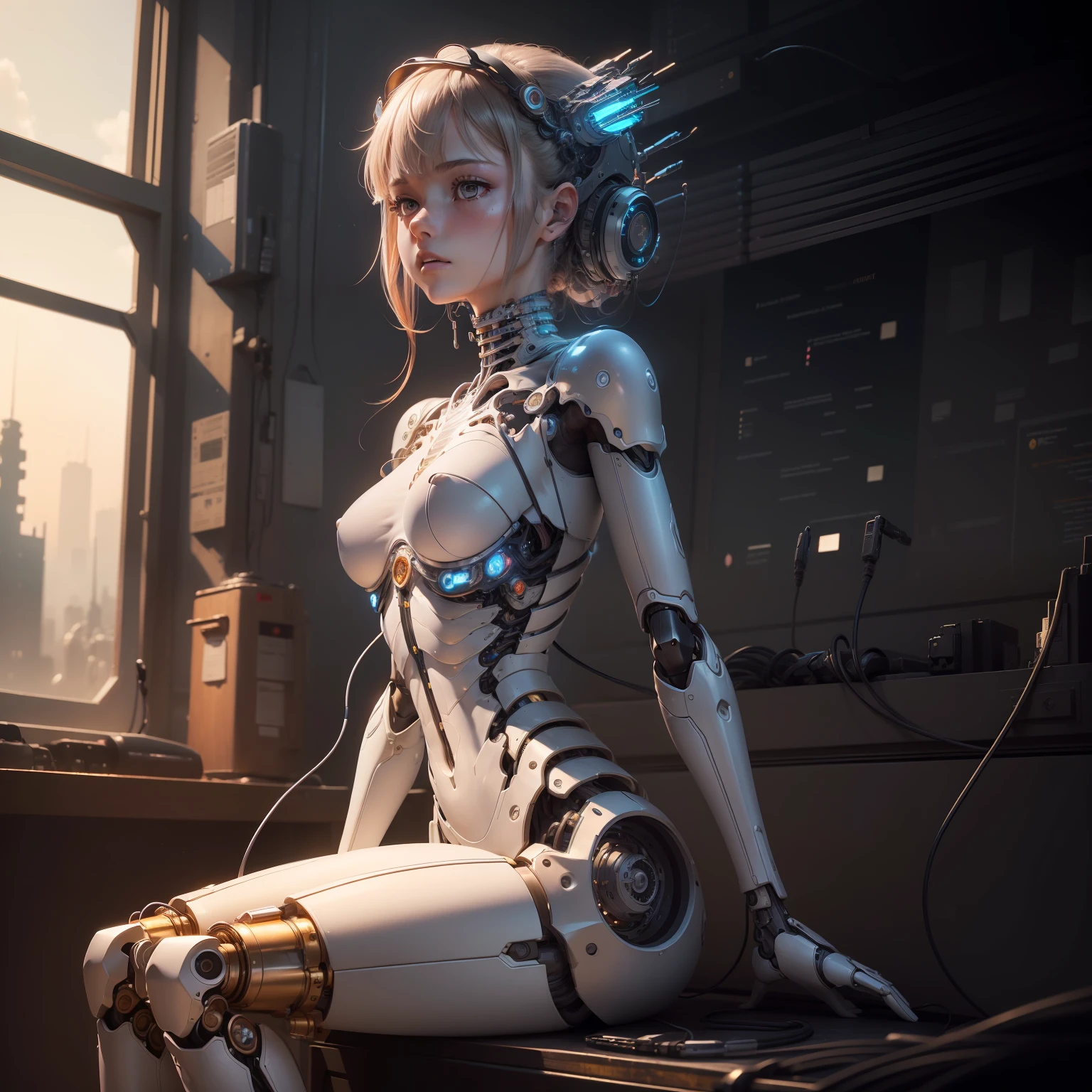(((masterpiece))), (((best quality))), ((ultra-detailed)), (highly detailed CG illustration), ((an extremely delicate and beautiful)),(from side),cinematic light,((1mechanical girl)),solo,full body,(machine made joints:1.2),((machanical limbs)),(blood vessels connected to tubes),(mechanical vertebra attaching to back),((mechanical cervial attaching to neck)),(sitting),expressionless,(wires and cables attaching to neck:1.2),(wires and cables on head:1.2)(character focus),science fiction,extreme detailed,colorful,highest detailed