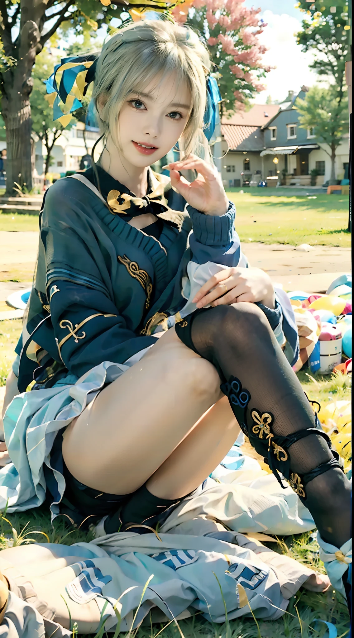 Long legs,Black and gold pattern stockings,Perfect face shape,perfect bodies,Sit on the grass with your legs slightly bent,blue sweater,A blue ribbon tied to white hair in a single ponytail