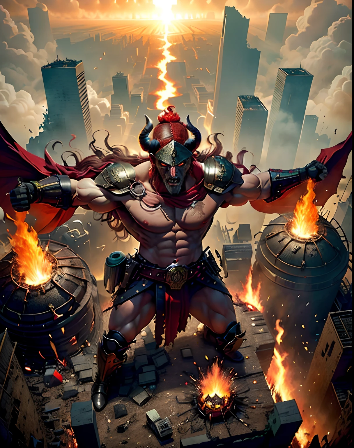 (from above:1.4), horreur, (corps entier:1.4) photo, The demon was an imposing figure, with massive muscles and huge horns sticking out of his head, dark skinned, Fourrures, (Android spare parts:1.4),
(Position de combat, dynaimc pose:1.4), extremely huge wings that were widely spread, (raise your arms to the sky), armure, arme, Bouclier gigantesque, Cap rouge, and his eyes were fiery red, Burning in hell,Ville en ruine, explosion, r1ge,
(Masterpiece,Best quality, realistic detail:1.4)