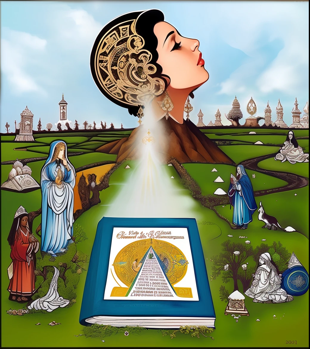 an illustration of a woman with a book in her hand, brain tree eye holy grail, spiritual lighting, accurate depiction, beautiful depiction, Uplighting, afrocentric mysticism, collective consciousness, arte da capa, seu madruga, spiritual evolution, Esclarecedor, artificial intelligence god, imagens religiosas, robot religion, gnosticismo, distributed consciousness, Lavagem cerebral, Instigantes