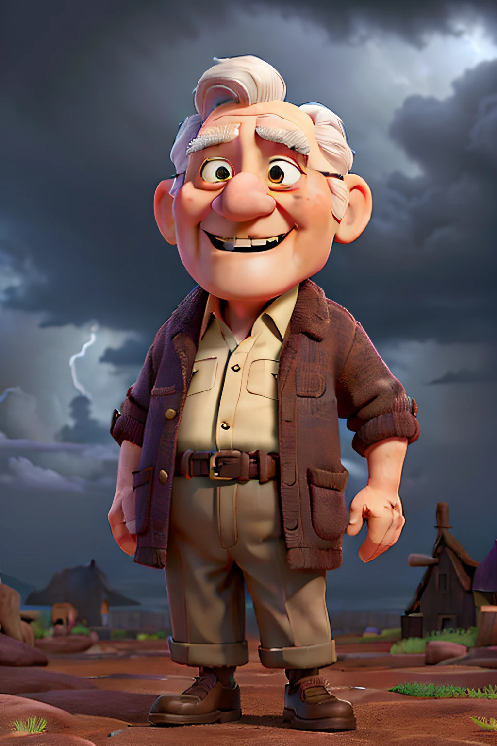 an old man smiling in the middle of a storm with dense and dark clouds, Disney pixar style image 8k