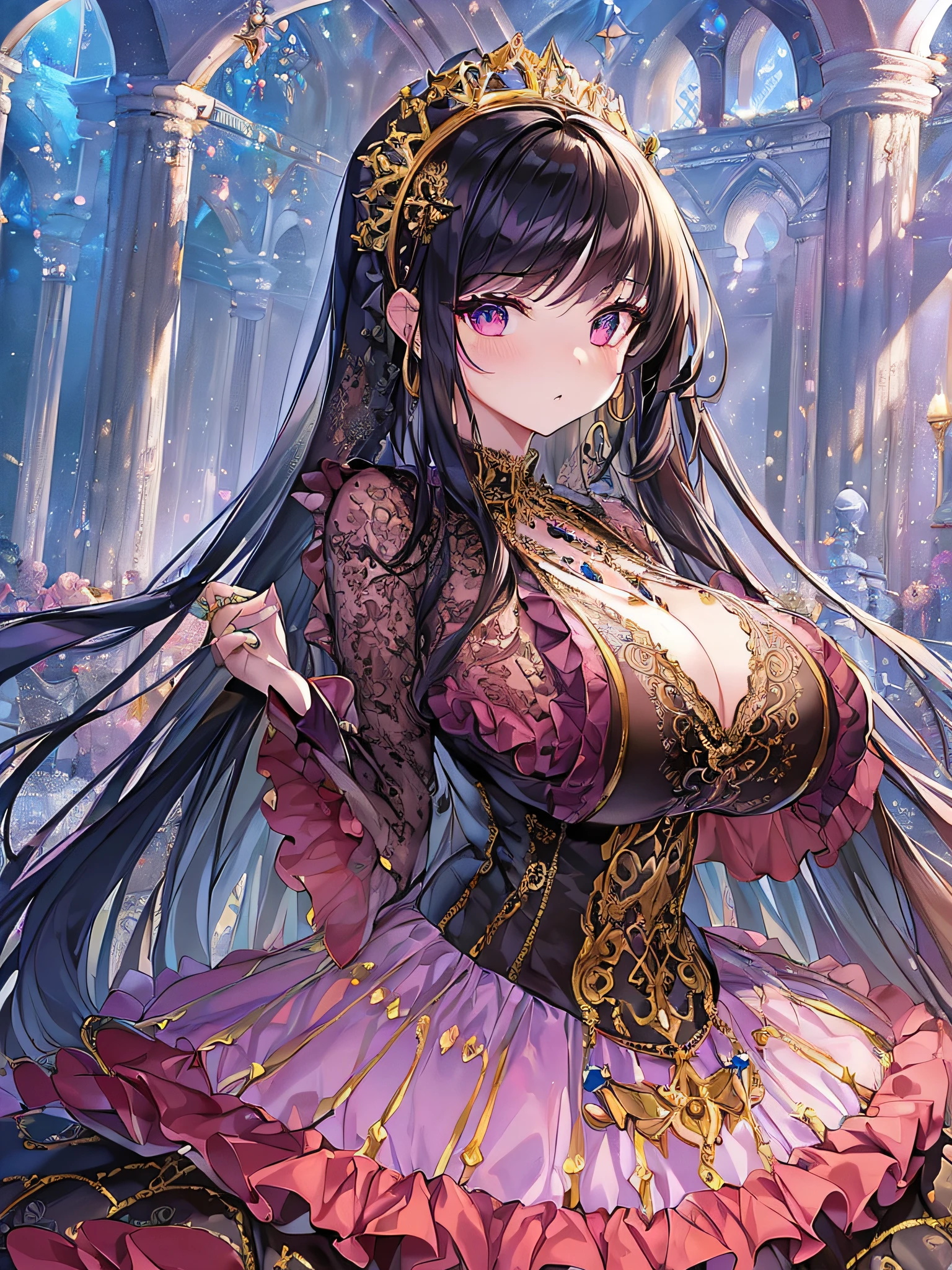 ((anime artstyle)),(Masterpiece),(Best Quality), (Super Detail),((Very Delicate and Beautiful)),(((Solo))),((full body)),(((1 girl in beautiful embroidery and jeweled gorgeous gothic dress with voluminous full length hoop skirt))),Long train,crinoline,(gorgeous gemstone jewelry),detailed face and eyes,jewel-like eyes,((extremely voluminous Very Long Hair,Straight Hair)),((gigantic tits,Long tits)),(gorgeousfull embroidery and lace),gorgeous corsage,See-through,extremely gorgeousfull hair ornament,bling-bling extremely gorgeousfull jeweled tiara,ornate ruffles,((Dynamic Angle)),Looking at viewer,outdoor,((beautiful detailed garden)),beautiful blooming flowers,((full body)),((beautiful embroidery and jeweled extremely gorgeous gothic dress with voluminous full length hoop skirt))