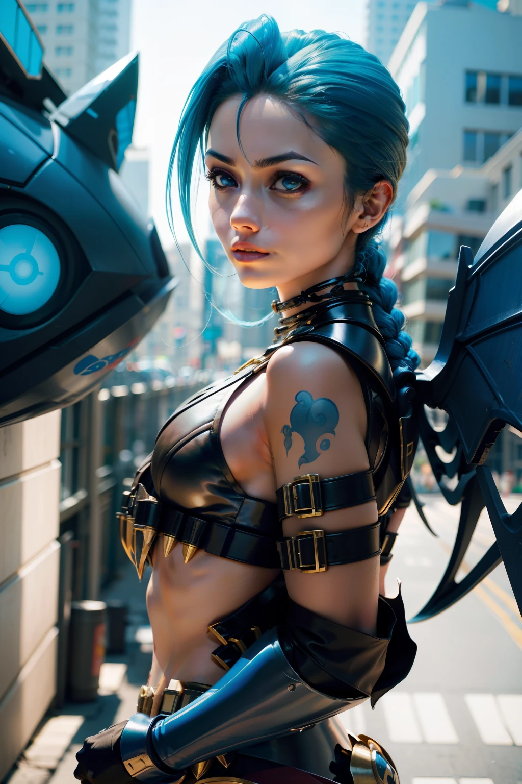imagem do Besouro Azul, linda garota, a DC Comics comic book and a superhero character. She is a heroine in blue and black armor with shiny metallic details. His armor is inspired by a beetle, with stylized wings on the back and antennae on the head. Your costume has a modern and technological look, with streamlined lines and stylized symbols reminiscent of a beetle. Besouro Azul tem uma postura confiante e determinada. Ele tem uma aura heroica, com olhos brilhantes e expressivos, refletindo sua vontade de proteger o mundo dos perigos. He's in a position of action, como se estivesse prestes a enfrentar um desafio.A paisagem circundante pode ser uma cidade, with skyscrapers in the background, showing that the Blue Beetle is always ready to defend the innocent and fight crime. Add some dynamic elements, como efeitos de luz e sombra, To add more life and depth to the image.
