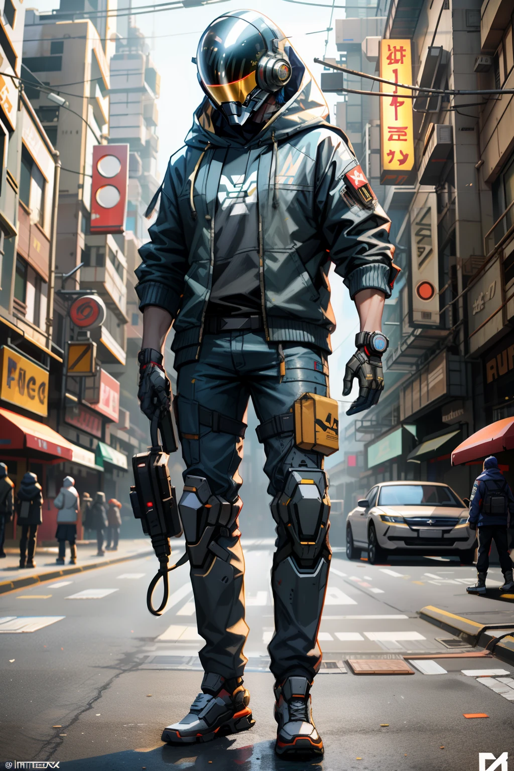 (masterpiece, full-body shot, intrincate raw photography)cyberpunk citizen in samurai pineapple pattern oversize hoodie, anime, rocketeer, daftpunk style helmet, neon light details, intrincate, futuristic,sharp, accurate focus, random pose, cyberpunk city, street neon lights, insta pic, photo of the year, cinema4d, dramatic, lights and shadows, natron, substance, maya, octane render,