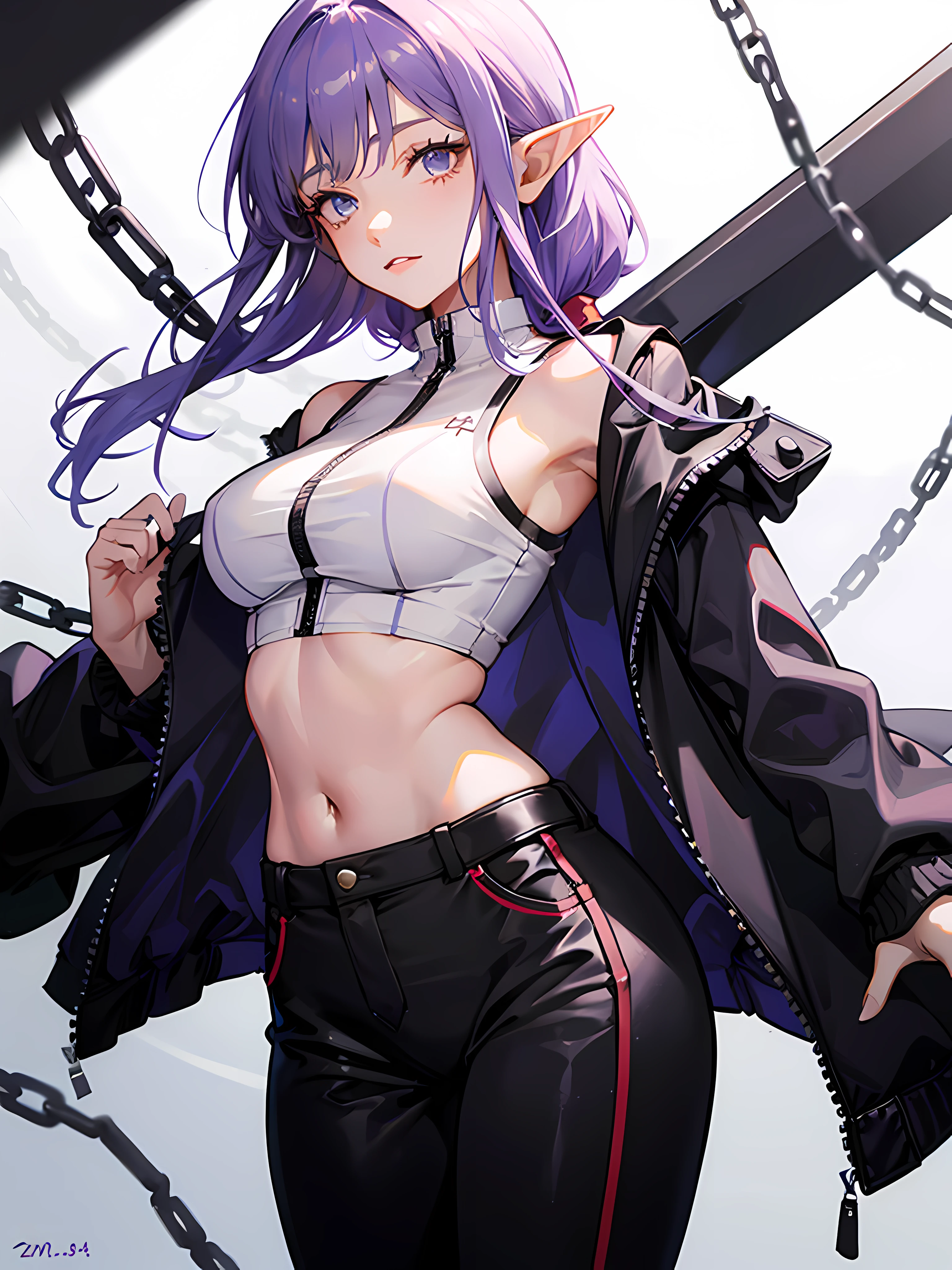 Masterpiece, Best quality, Ultra detailed, 1girll, Elf girl in the modern world, Purple hair, Pointy ears, Modern City, Jacket, Pants, Crop top, Close-up,