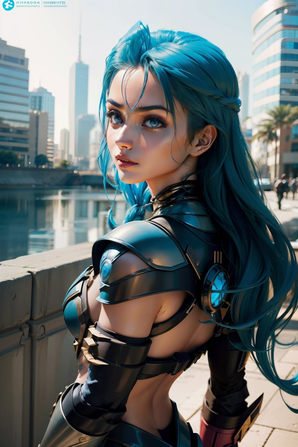 imagem do Besouro Azul, linda garota, a DC Comics comic book and a superhero character. She is a heroine in blue and black armor with shiny metallic details. His armor is inspired by a beetle, with stylized wings on the back and antennae on the head. Your costume has a modern and technological look, with streamlined lines and stylized symbols reminiscent of a beetle. Besouro Azul tem uma postura confiante e determinada. Ele tem uma aura heroica, com olhos brilhantes e expressivos, refletindo sua vontade de proteger o mundo dos perigos. He's in a position of action, como se estivesse prestes a enfrentar um desafio.A paisagem circundante pode ser uma cidade, with skyscrapers in the background, showing that the Blue Beetle is always ready to defend the innocent and fight crime. Add some dynamic elements, como efeitos de luz e sombra, To add more life and depth to the image.