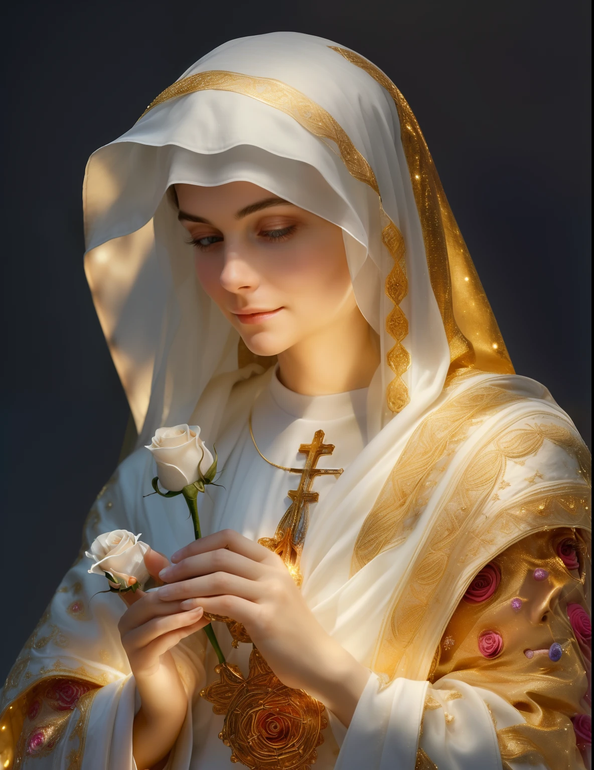 (((Holy VIRGIN MARY MYSTICAL ROSE. 19 years old))) ((( Con una cara seria y piadosa. Con una mirada dulce y tierna))) (obra maestra, calidad superior, mejor calidad, arte oficial, beautiful and aesthetic: 1.2), (1girl), extremadamente detallado, (Arte fractal: 1.3), colorido, highest detailed, Cara perfecta, parte superior del cuerpo, HDR, (orando: 1.3), (golden lines of white coat: 1.2), galaxia, (rayas de luz), eye-catching visuals, (dynamic stripes, senderos luminosos: 1.2), colores vibrantes,