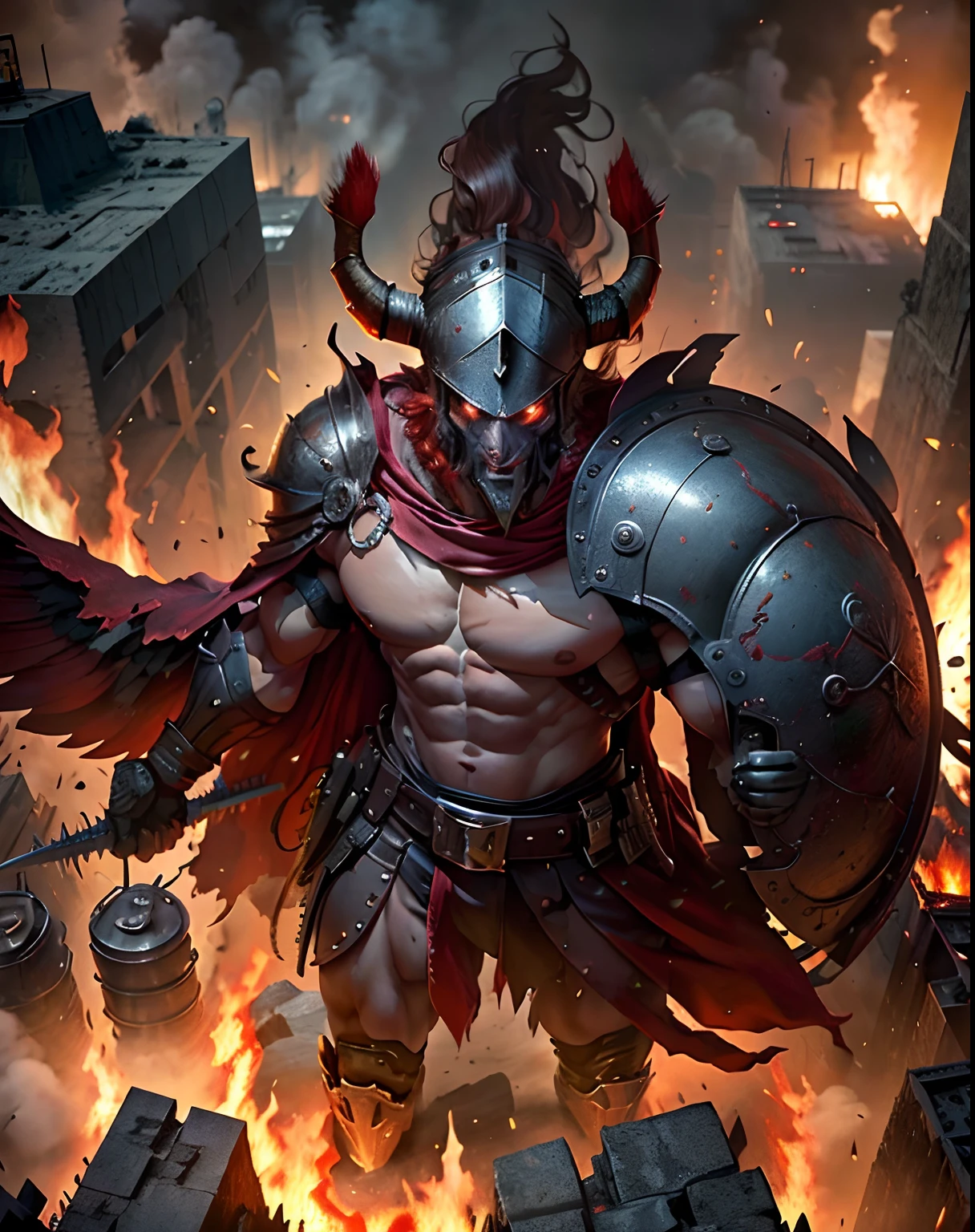 (from above:1.4), horreur, (corps entier:1.4) photo, The demon was an imposing figure, with massive muscles and huge horns sticking out of his head, dark skinned, Fourrures, (Android spare parts:1.4),
 (Position de combat, dynaimc pose:1.4), extremely huge wings that were widely spread, (raise your arms to the sky), armure, arme, Bouclier gigantesque, Cap rouge, and his eyes were fiery red, Burning in hell,Ville en ruine, explosion, r1ge,
(Masterpiece,Best quality, realistic detail:1.4)