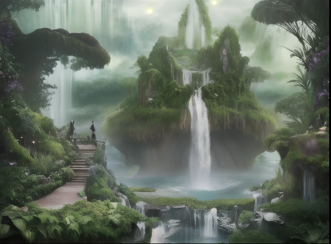 imagine prompt: The Garden of Eden, a mystical realm suspended in the sky among the clouds. A surreal atmosphere is created by the floating islands, exotic flora, and waterfalls cascading from the heavens. The scene exudes