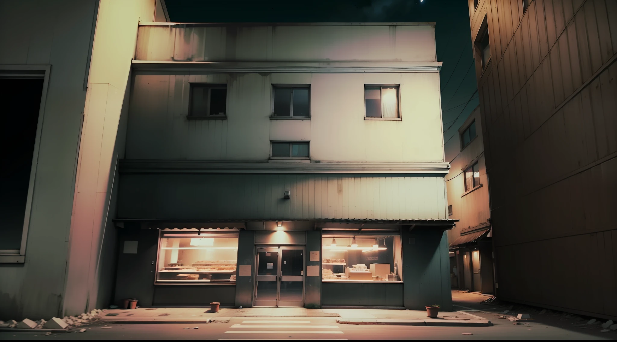 Commercial building seen from the street, in the nighttime, atmosfera tensa, pizzaria