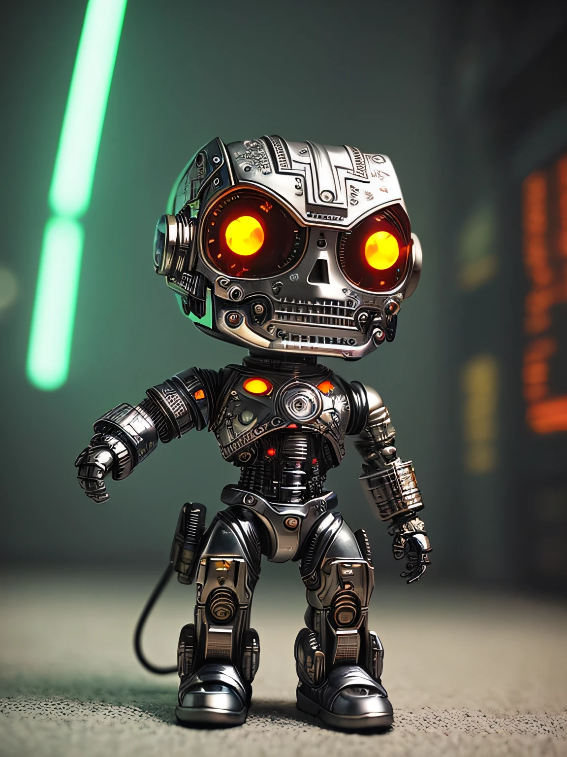 a cute [kitten:terminator:0.1] made out of metal, cyborg, cyberpunk style, ((intricate details)), hdr, ((intricate details, hyperdetailed)), cinematic shot, vignette