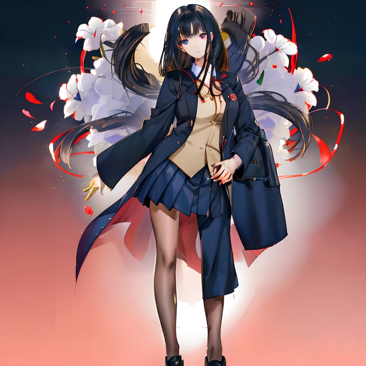 High school girl who likes Kyoto、A dark-haired、Glow Hair、natural、Blazer Uniform、Dreamy girl、Relax、Stylized anime, from the azur lane videogame、hight resolution,Looking at Viewer, masutepiece,Best Quality, Extremely detailed, Perfect Lighting、Detailed beautiful face、slender、Otaku-like but beautiful girl、Gap Moe、Warm sunshine、Background of blooming morning glory、(Full body:1.2)、Characters like Kyoto Animation