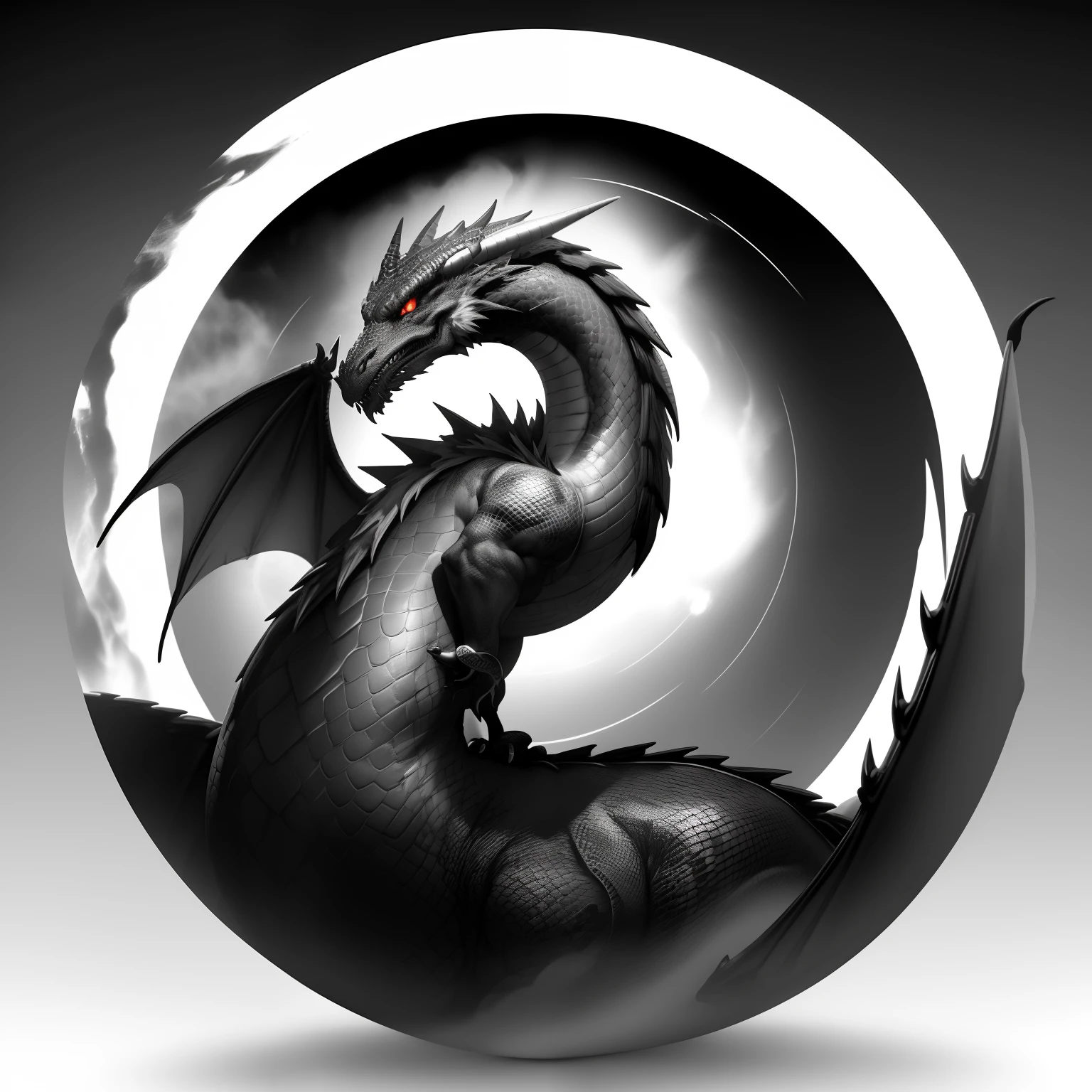 Black and white upper arm dragon tattoo with fantasy background blending into white circle, 8k quality, ultra realistic, photorealistic.