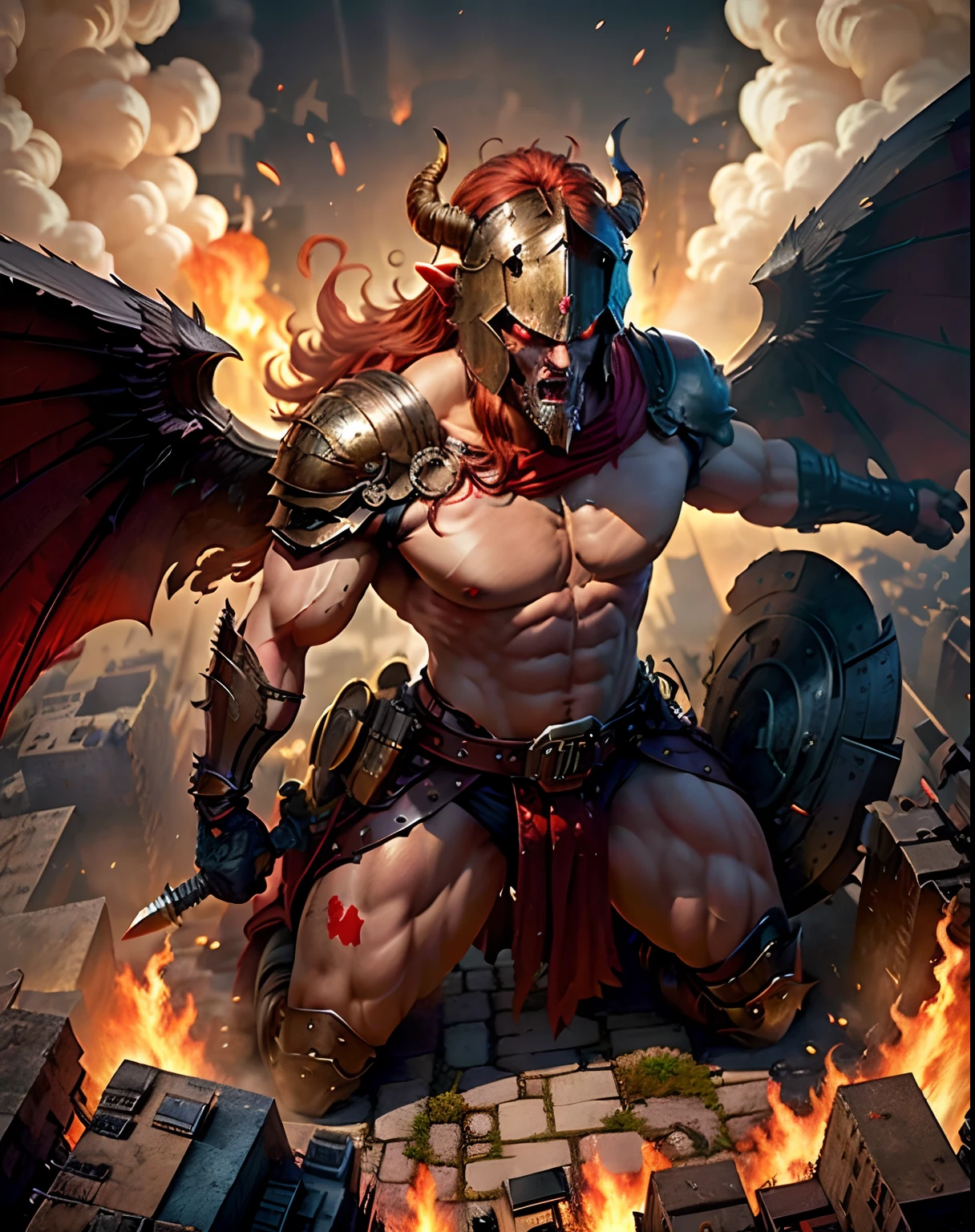 (from above:1.4), horreur, (corps entier:1.4) photo, The demon was an imposing figure, with massive muscles and huge horns sticking out of his head, dark skinned, Fourrures, (Android spare parts:1.4),
 (Position de combat, dynaimc pose:1.4), extremely huge wings that were widely spread, (raise your arms to the sky), armure, arme, Bouclier gigantesque, Cap rouge, and his eyes were fiery red, Burning in hell,Ville en ruine, explosion, r1ge,
(Masterpiece,Best quality, realistic detail:1.4)