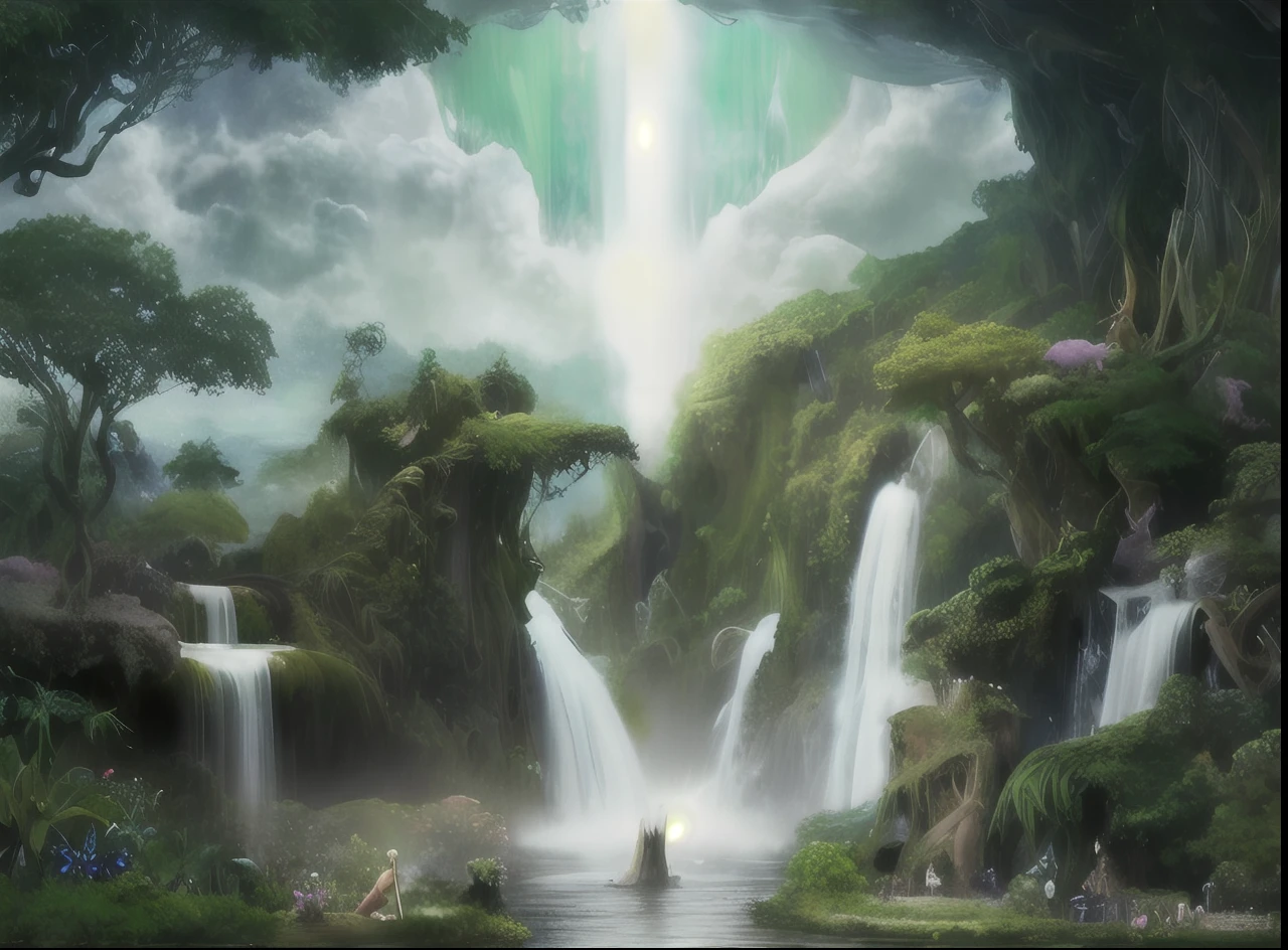 imagine prompt: The Garden of Eden, a mystical realm suspended in the sky among the clouds. A surreal atmosphere is created by the floating islands, exotic flora, and waterfalls cascading from the heavens. The scene exudes