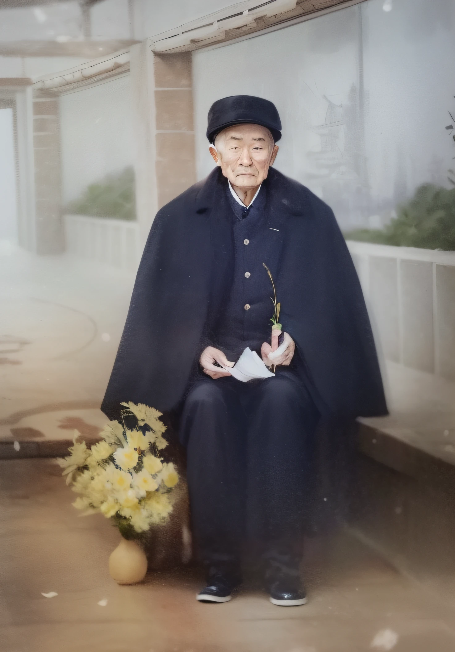 An 80-year-old Chinese man,He was draped in a black coat,I wore a black coat underneath,Wearing black pants,He wears black cloth shoes on his feet,Pipe in hand。With a hat on his head,There is a bouquet of flowers next to it,Insert in a vase,Under the feet is a blanket,Architectural drawings in the background