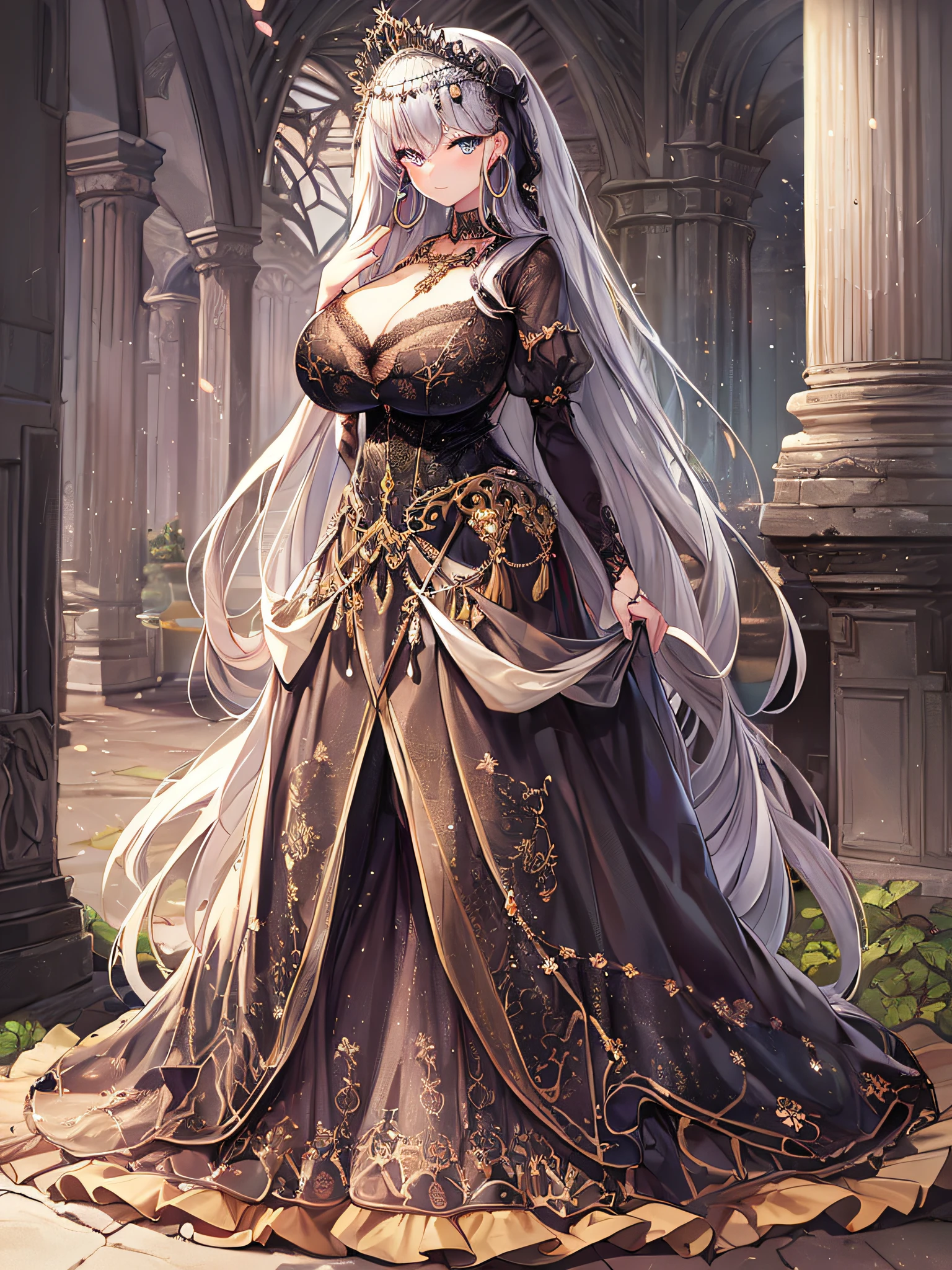 ((anime artstyle)),(Masterpiece),(Best Quality), (Super Detail),((Very Delicate and Beautiful)),(((Solo))),((full body)),(((1 girl in beautiful embroidery and jeweled gorgeous gothic dress with voluminous full length hoop skirt))),Long train,crinoline,(gorgeous gemstone jewelry),detailed face and eyes,jewel-like eyes,((extremely voluminous Very Long Hair,Straight Hair)),((gigantic tits,Long tits)),(gorgeousfull embroidery and lace),gorgeous corsage,See-through,extremely gorgeousfull hair ornament,bling-bling extremely gorgeousfull jeweled tiara,ornate ruffles,((Dynamic Angle)),Looking at viewer,outdoor,((beautiful detailed garden)),beautiful blooming flowers,((full body)),((beautiful embroidery and jeweled extremely gorgeous gothic dress with voluminous full length hoop skirt))