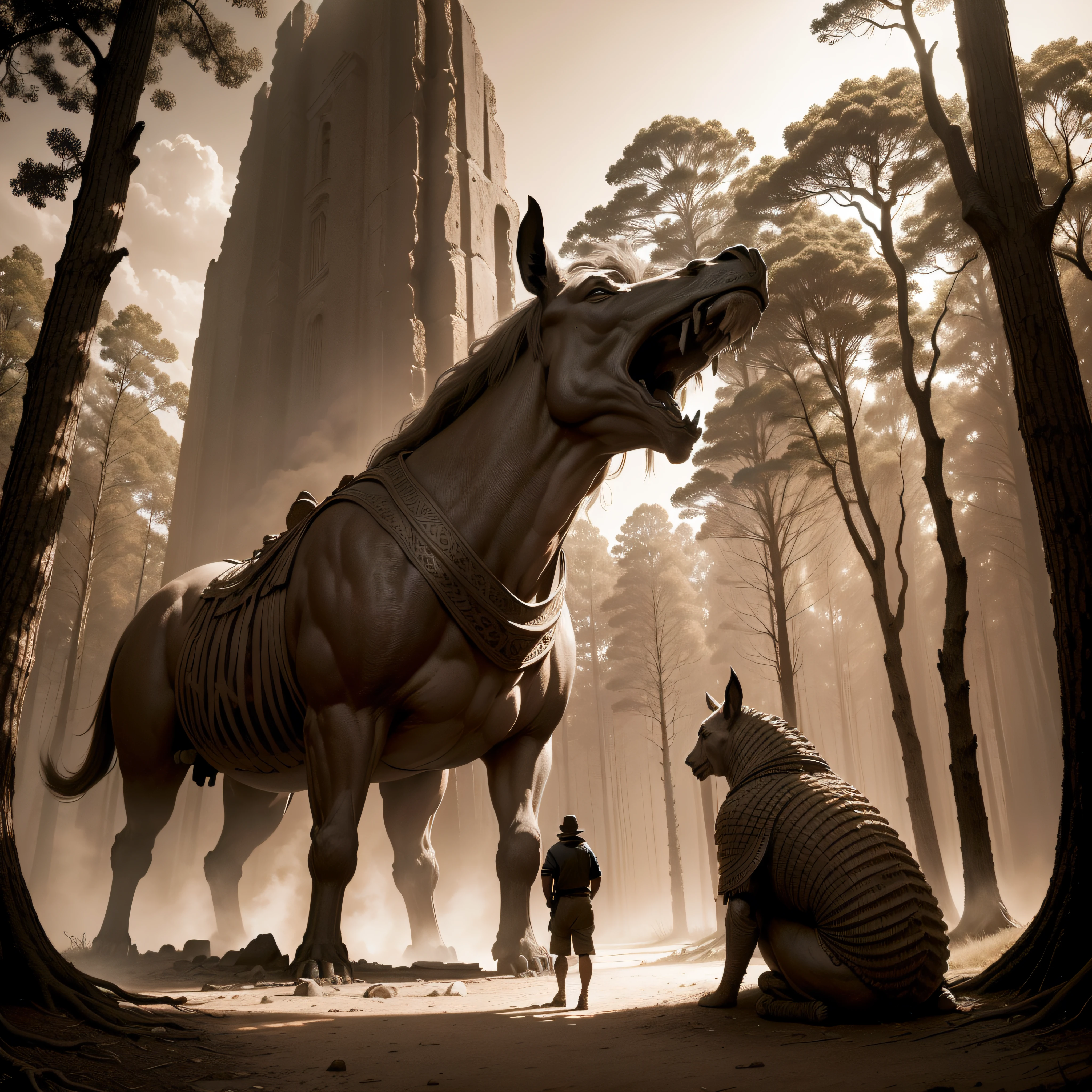 (extremadamente detallado, obra maestra, La mejor calidad, Tono sepia), un hombre con un hacha camina por un bosque. meteorito en el suelo, Giant crater. burned trees. Escultura barroca en ruinas. Daytime Lighting.