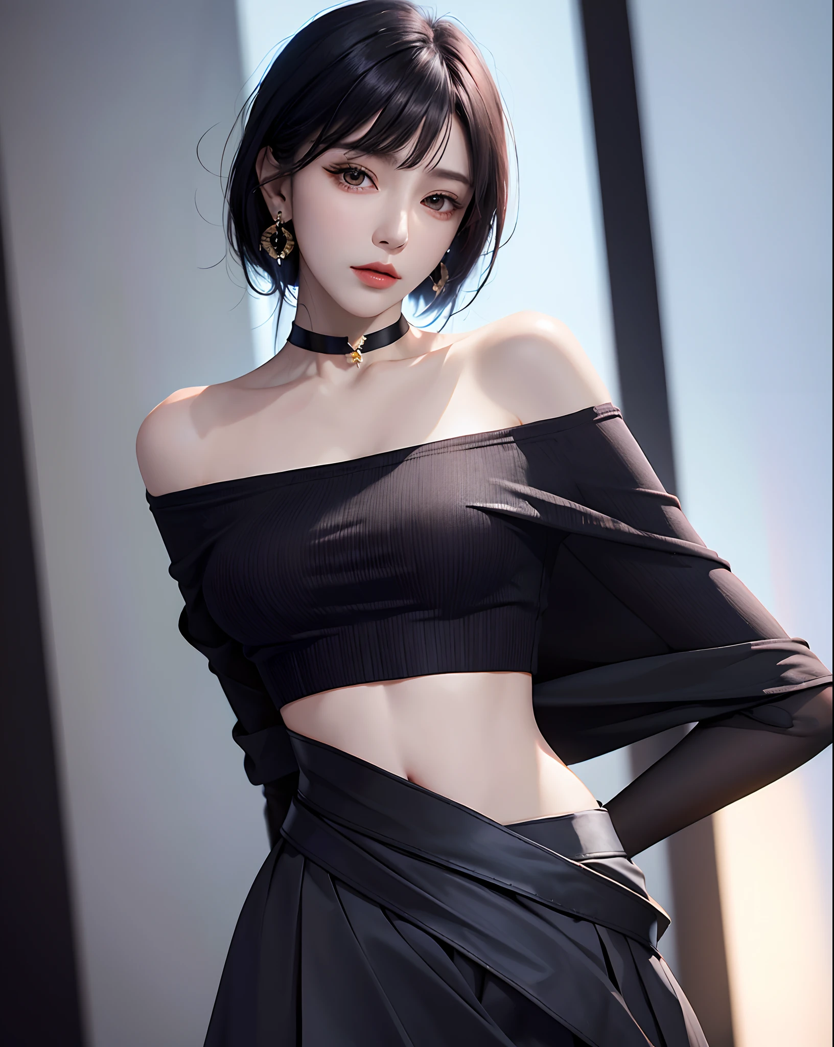 (masterpiece, best quality, 1girl, solo, intricate details, chromatic aberration), (realistic),(skin), ((breath)),(black hair,blunt bangs),detailed hair, red head ornament, blue highlights, hair over one eye,black eyes, small earrings, sharp eyes, choker,((black crop top )),(black skirt),(belt),open waist,(symmetry eyes),(perfect symmetrical body), night,(((natural light))),backlighting,against grey wall, dim lighting ,look at viewer,((centered shot, from front,(face and waist)))